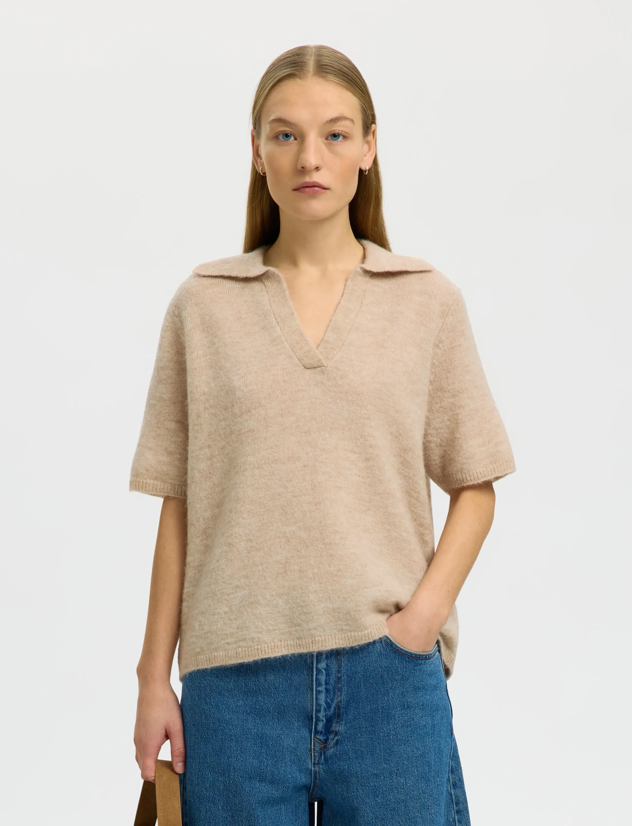 Selected SLFLULU SS KNIT POLO NOOS - T-särgid - BIRCH / beige