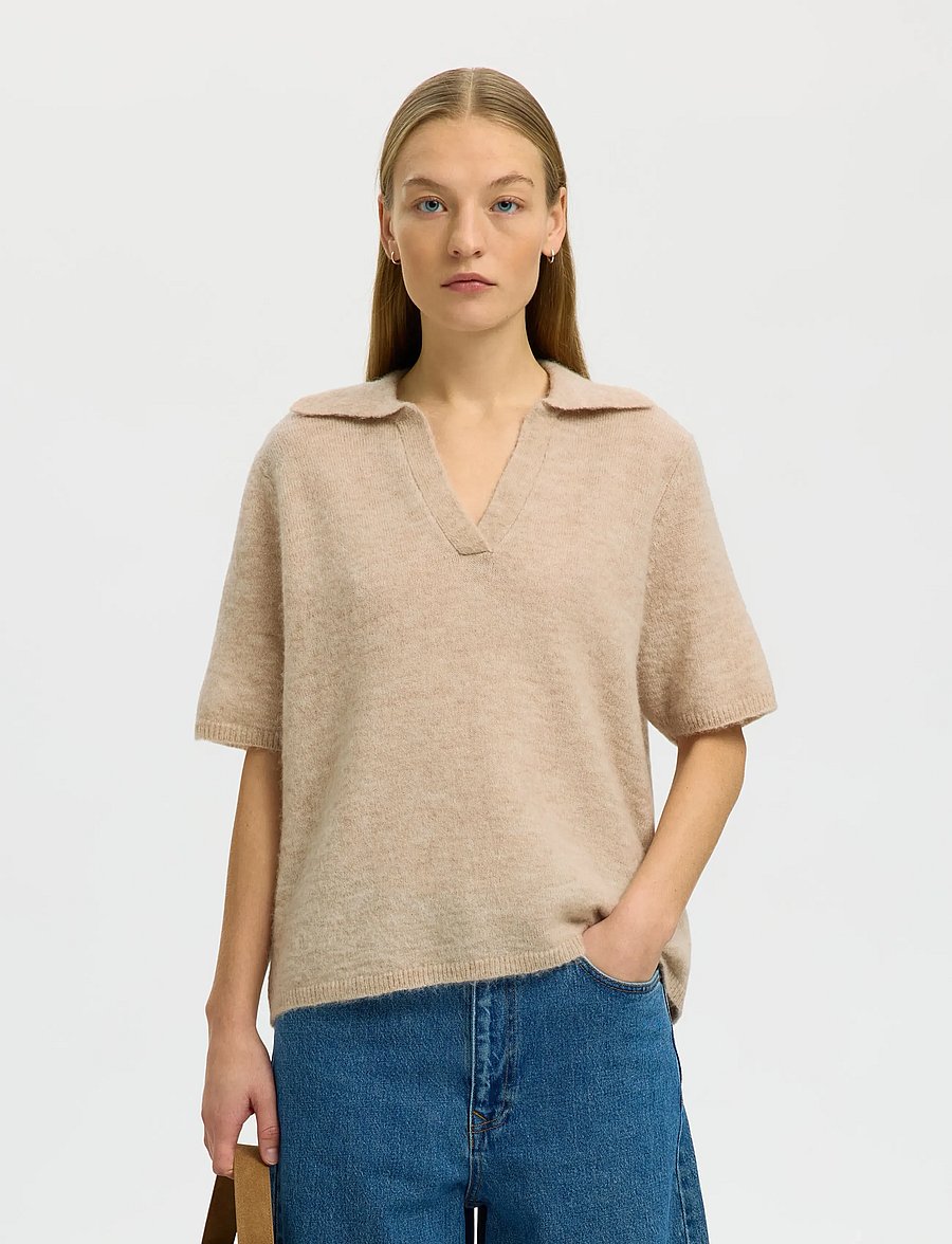 Selected - SLFLULU SS KNIT POLO NOOS - poloshirts - birch - 0