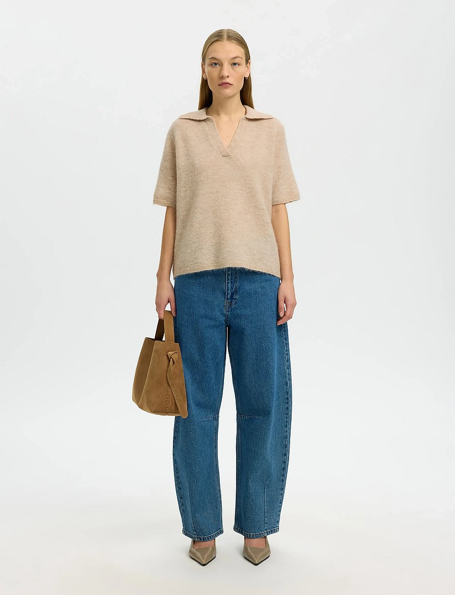 Selected - SLFLULU SS KNIT POLO NOOS - poloshirts - birch - 3