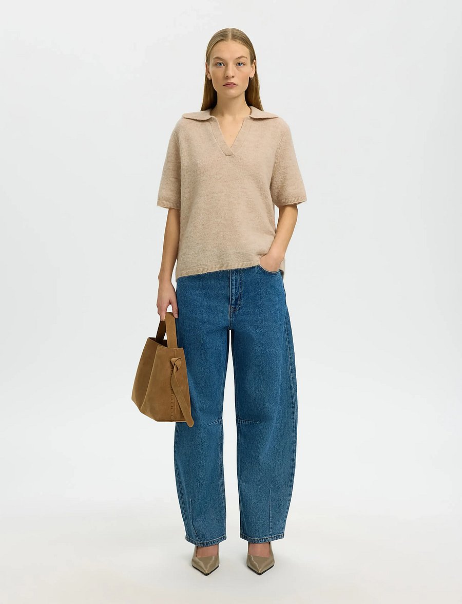 Selected - SLFLULU SS KNIT POLO NOOS - poloshirts - birch - 5