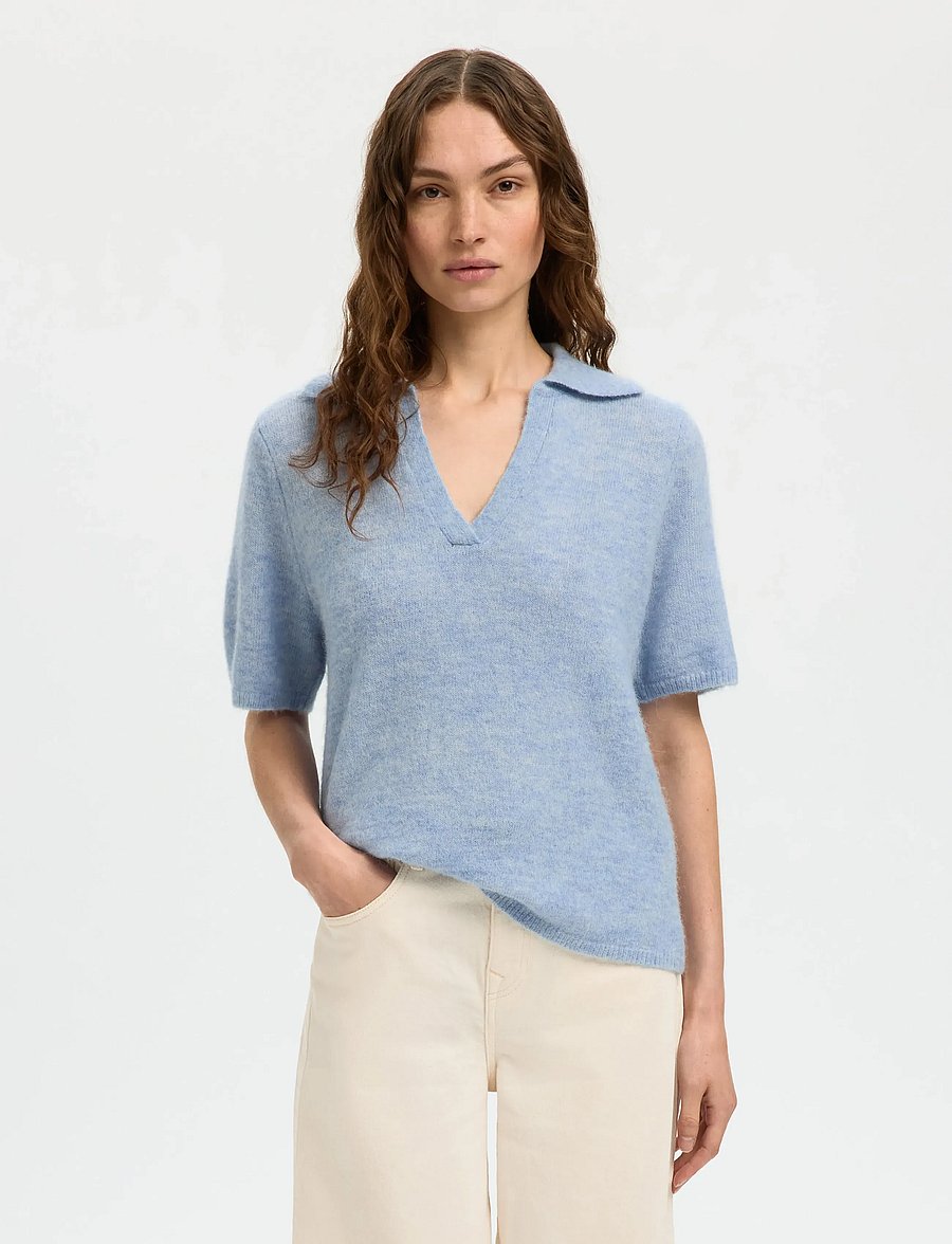 Selected - SLFLULU SS KNIT POLO NOOS - pikéer - cashmere blue - 0