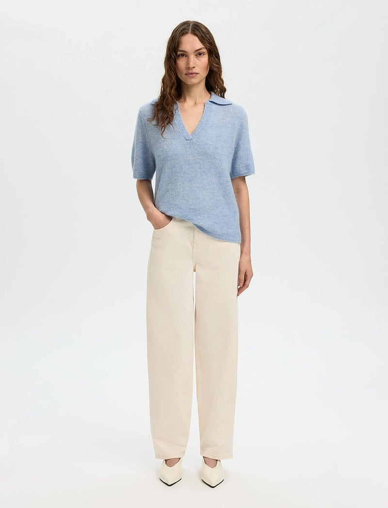 Selected - SLFLULU SS KNIT POLO NOOS - poloshirts - cashmere blue - 5