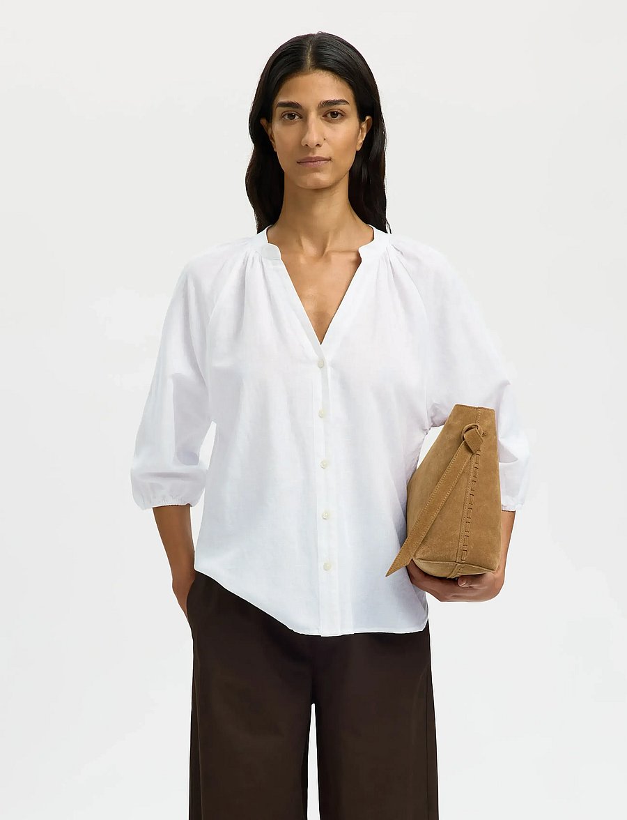 Selected - SLWCLEO-ALBERTA LINEN BLEND SHIRT NOOS - long sleeved blouses - bright white - 0
