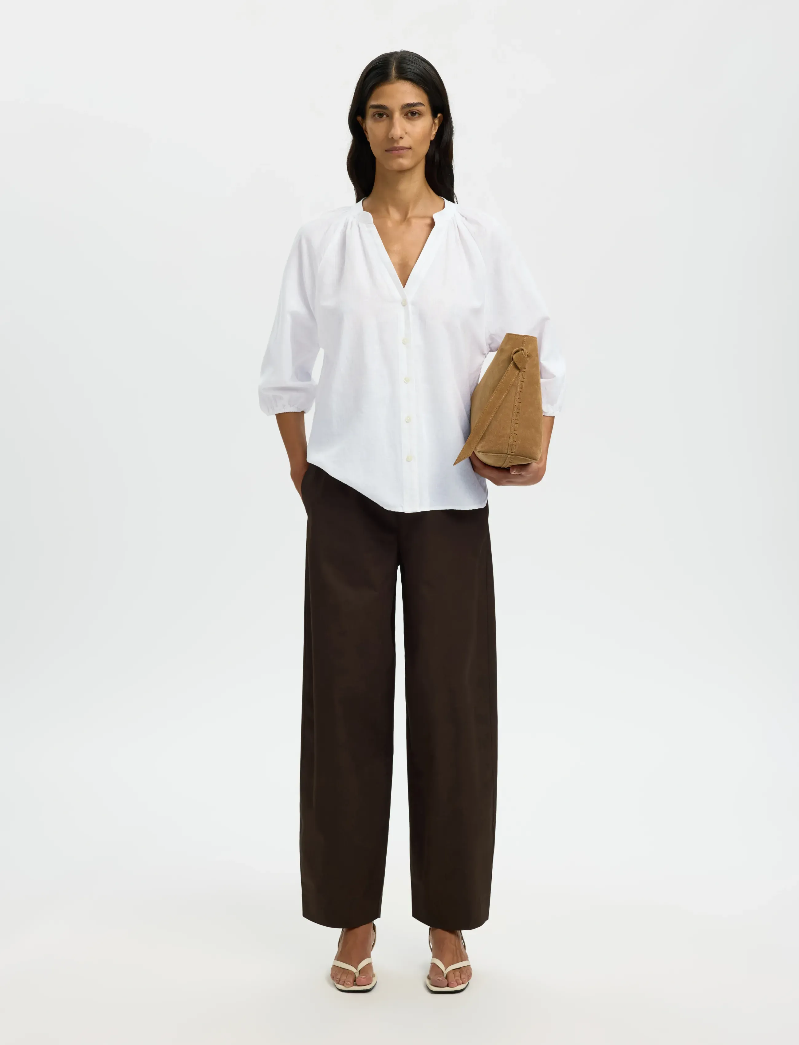 Selected - SLWCLEO-ALBERTA LINEN BLEND SHIRT NOOS - long sleeved blouses - bright white - 3
