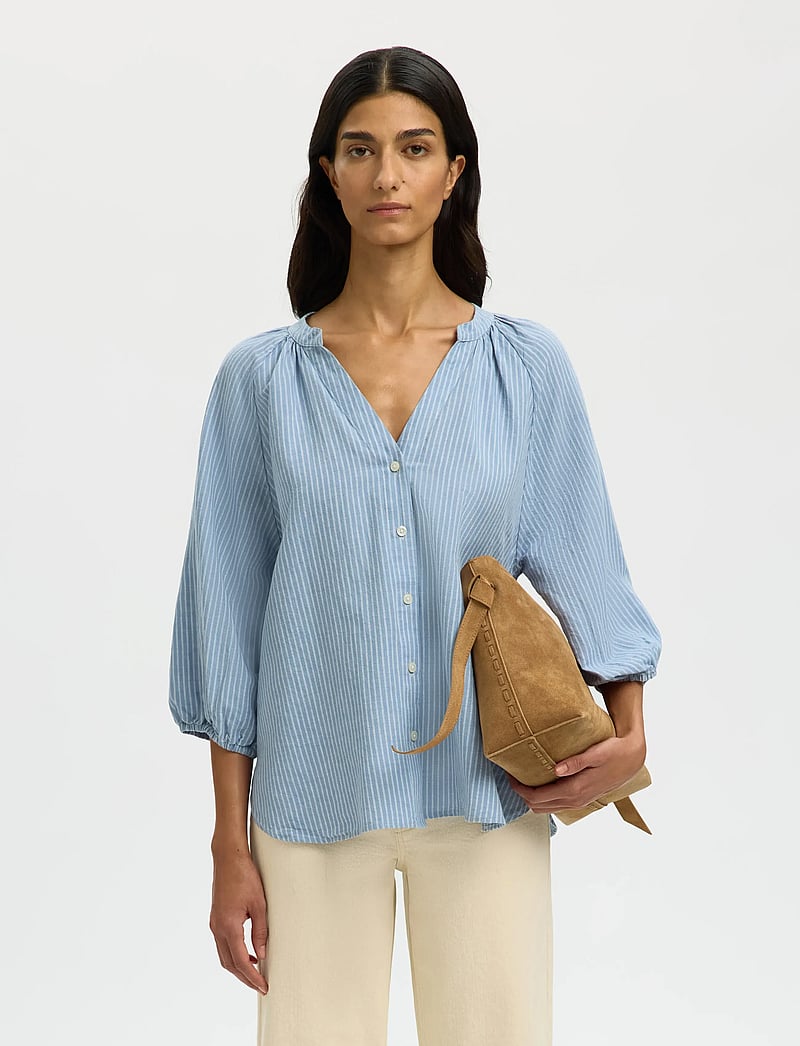 Selected - SLWCLEO-ALBERTA LINEN BLEND SHIRT NOOS - langärmlige blusen - dusty blue - 0