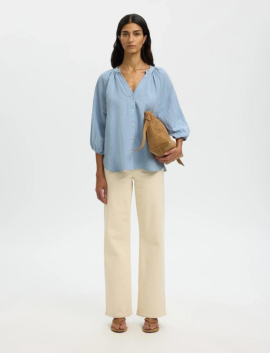 Selected - SLWCLEO-ALBERTA LINEN BLEND SHIRT NOOS - langärmelige blusen - dusty blue - 3
