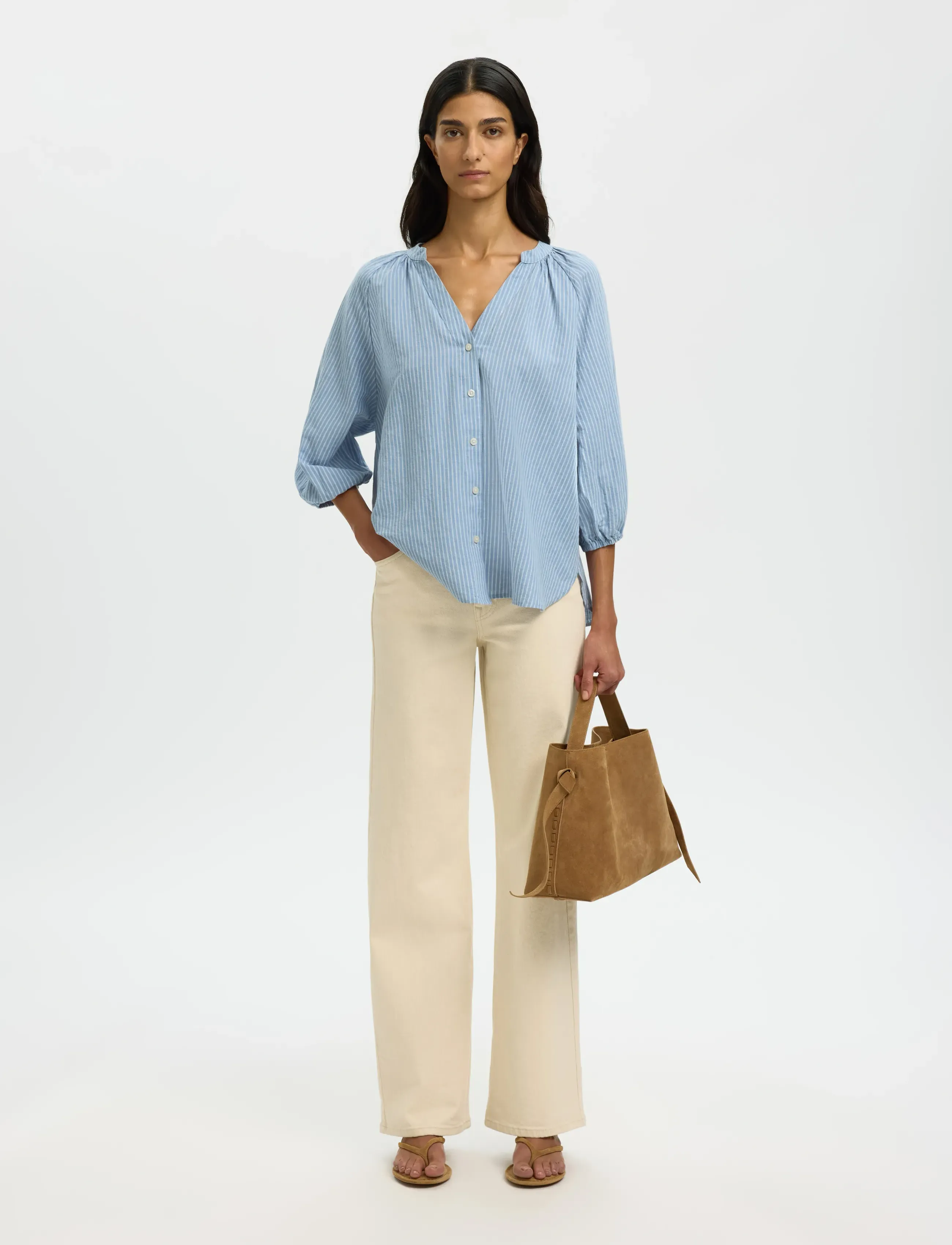 Selected - SLWCLEO-ALBERTA LINEN BLEND SHIRT NOOS - langærmede bluser - dusty blue - 5
