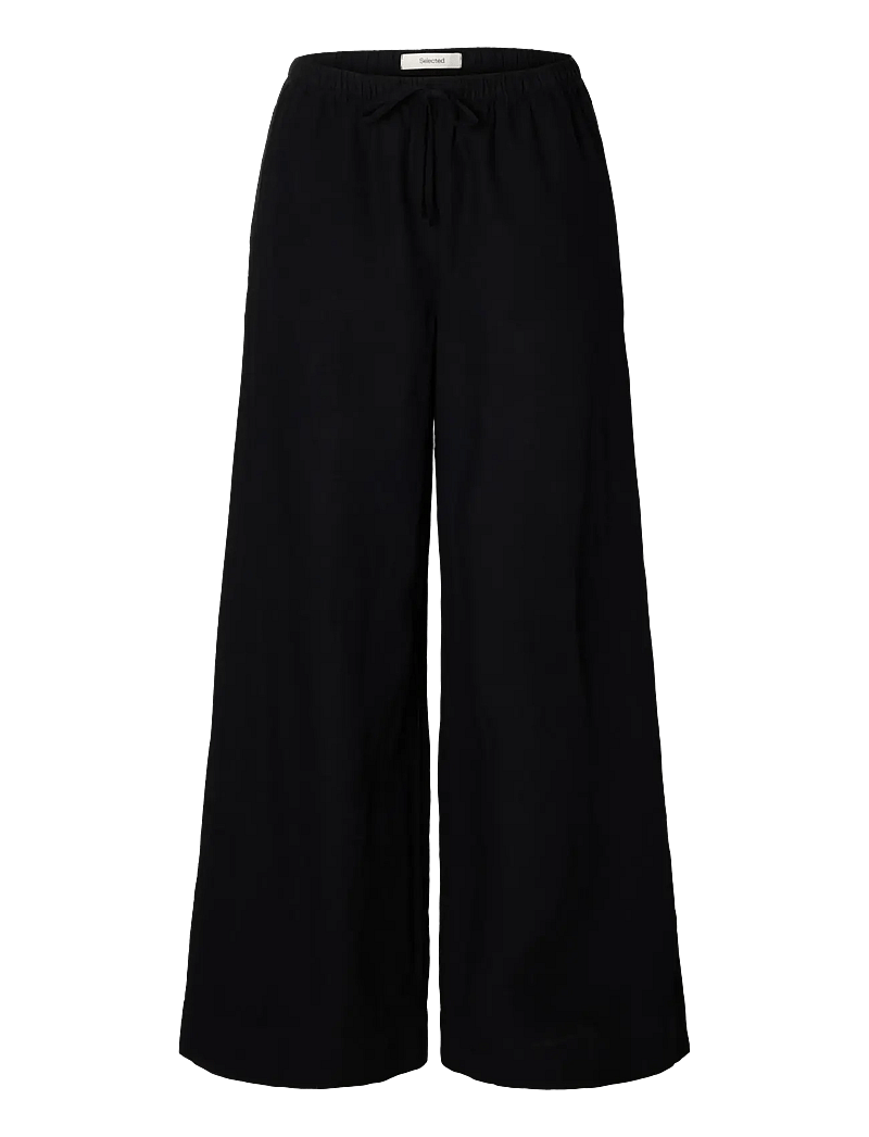 Selected - SLFLUISA MW WIDE LINEN BLEND PANT NOOS - linnebyxor - black - 1