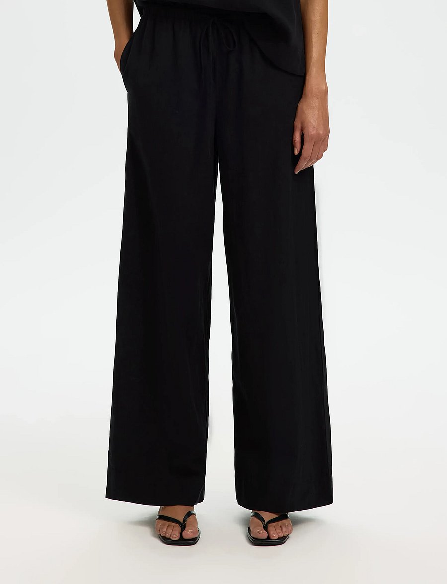 Selected - SLWLUISA MW WIDE LINEN BLEND PANT NOOS - leinenhosen - black - 0