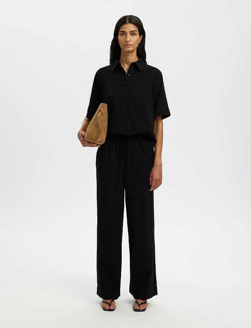 Selected - SLFLUISA MW WIDE LINEN BLEND PANT NOOS - linnebyxor - black - 5