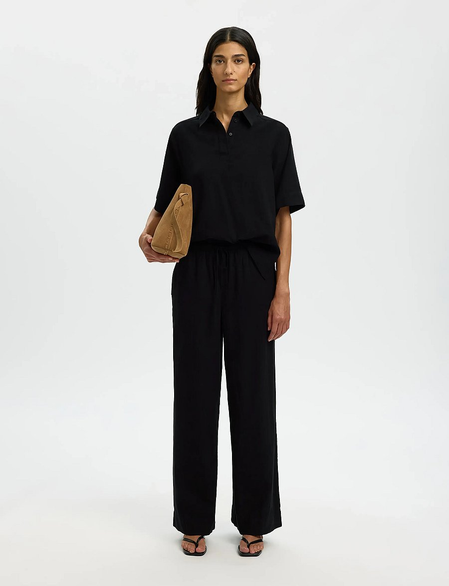 Selected - SLWLUISA MW WIDE LINEN BLEND PANT NOOS - leinenhosen - black - 5