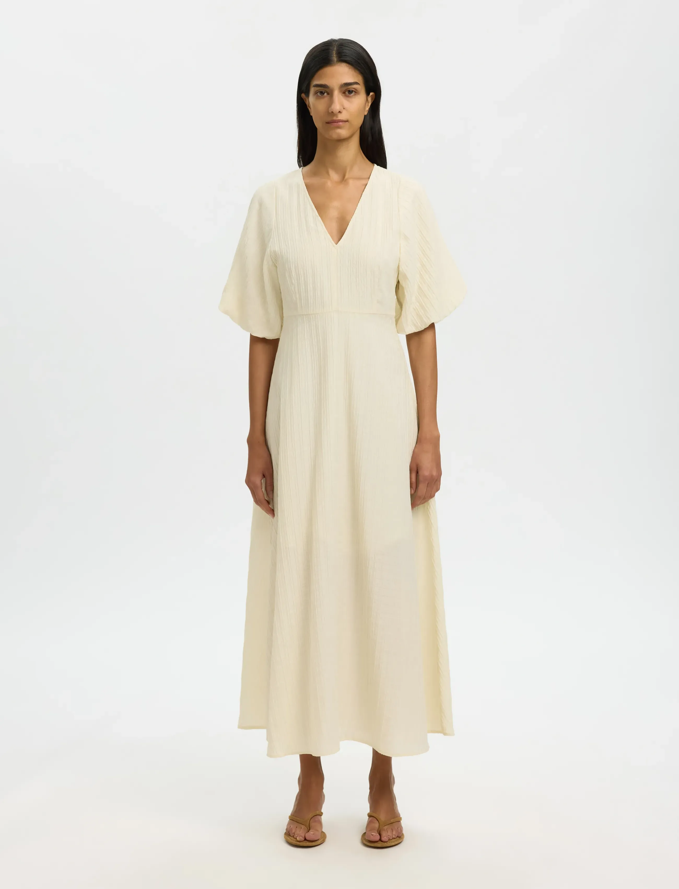 Selected Slwmaddie Ss Closed Back Midi Dress Noos, 34, Cream, Kjoler > Knælange Og Midi, Dame