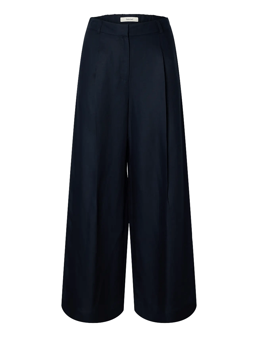 Selected - SLFLYRA HW WIDE LINEN BLEND PANT NOOS - bukser med brede ben - dark sapphire - 1