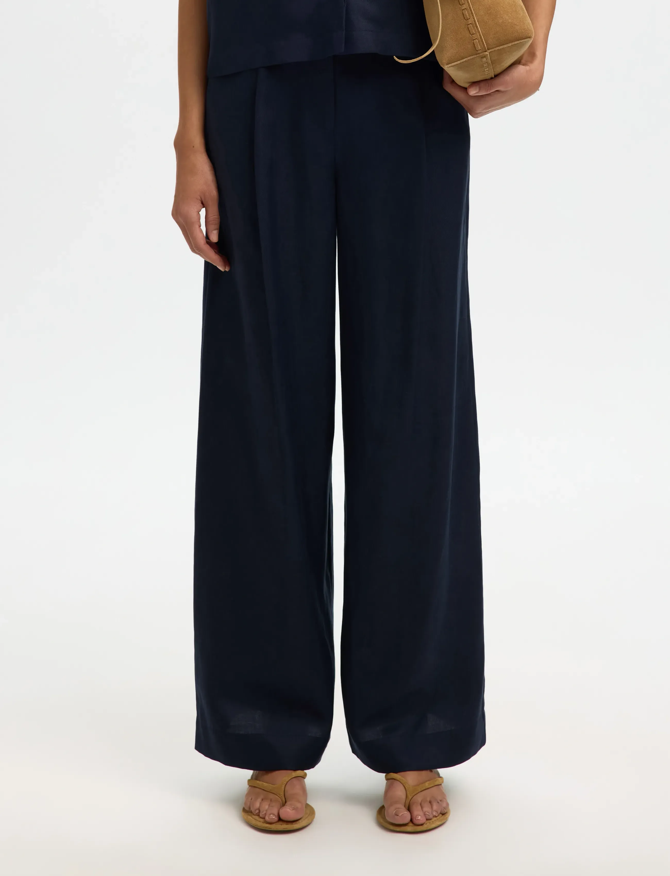 Selected SLFLYRA HW WIDE LINEN BLEND PANT NOOS - Hosen mit weitem Bein - DARK SAPPHIRE / navy