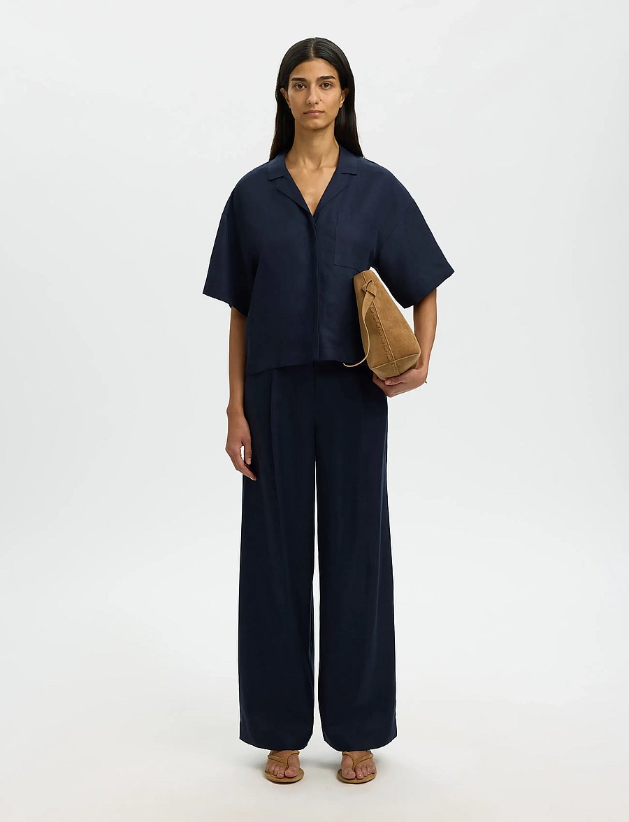 Selected - SLFLYRA HW WIDE LINEN BLEND PANT NOOS - bukser med brede ben - dark sapphire - 3