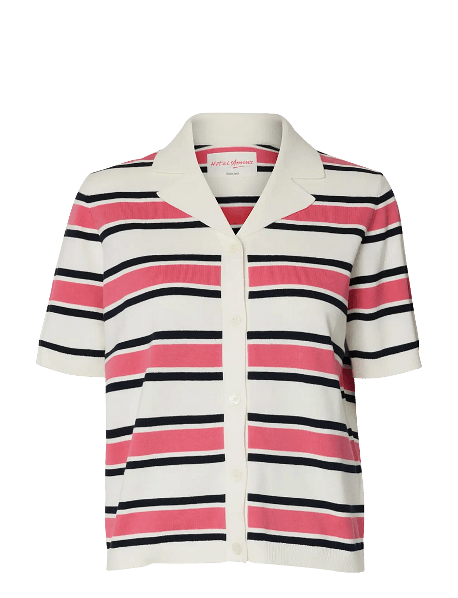 Selected - SLFAMOUR SS KNIT POLO CARDIGAN - poloshirts - egret - 1