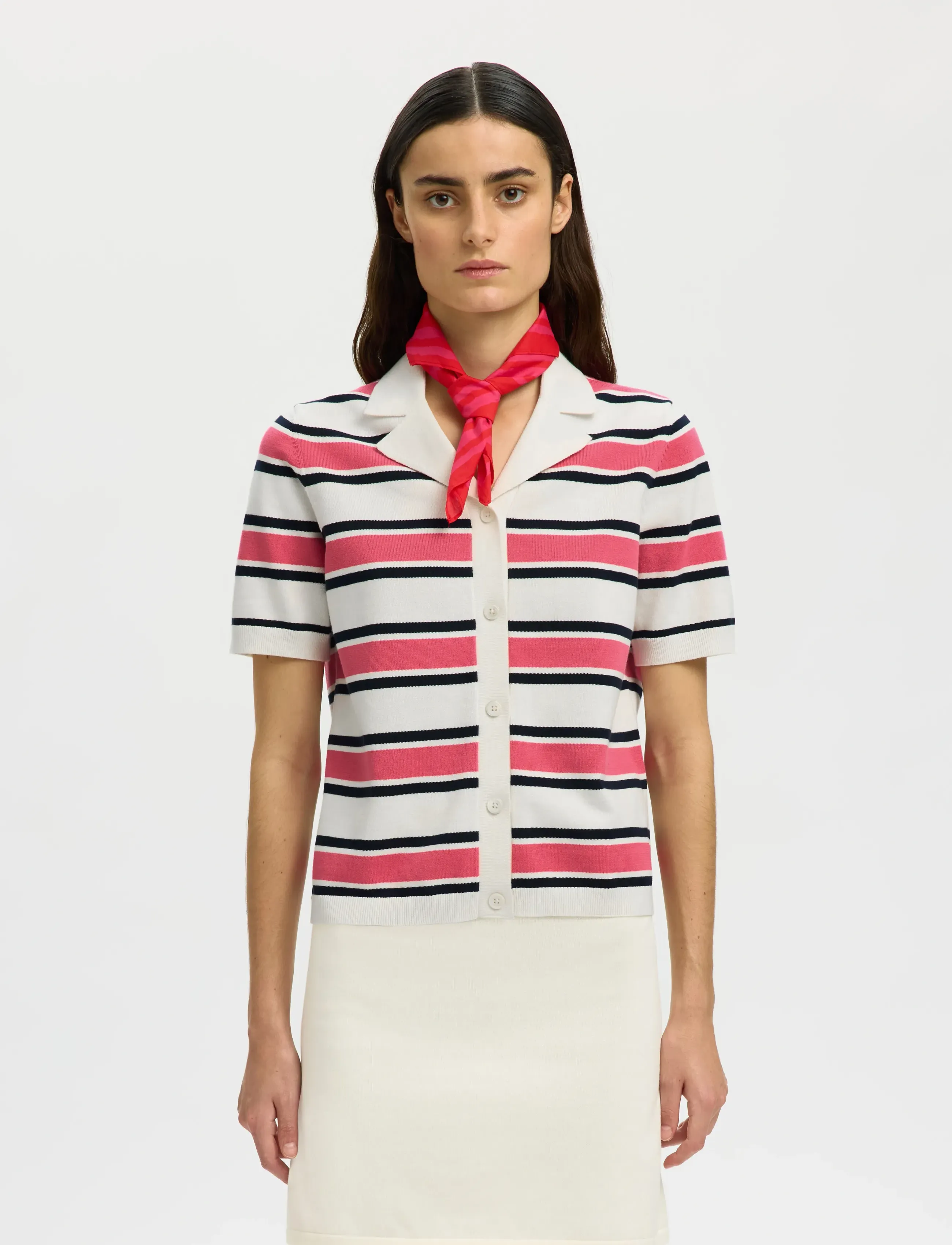 Selected SLFAMOUR SS KNIT POLO CARDIGAN - Pikeepaidat - EGRET / cream