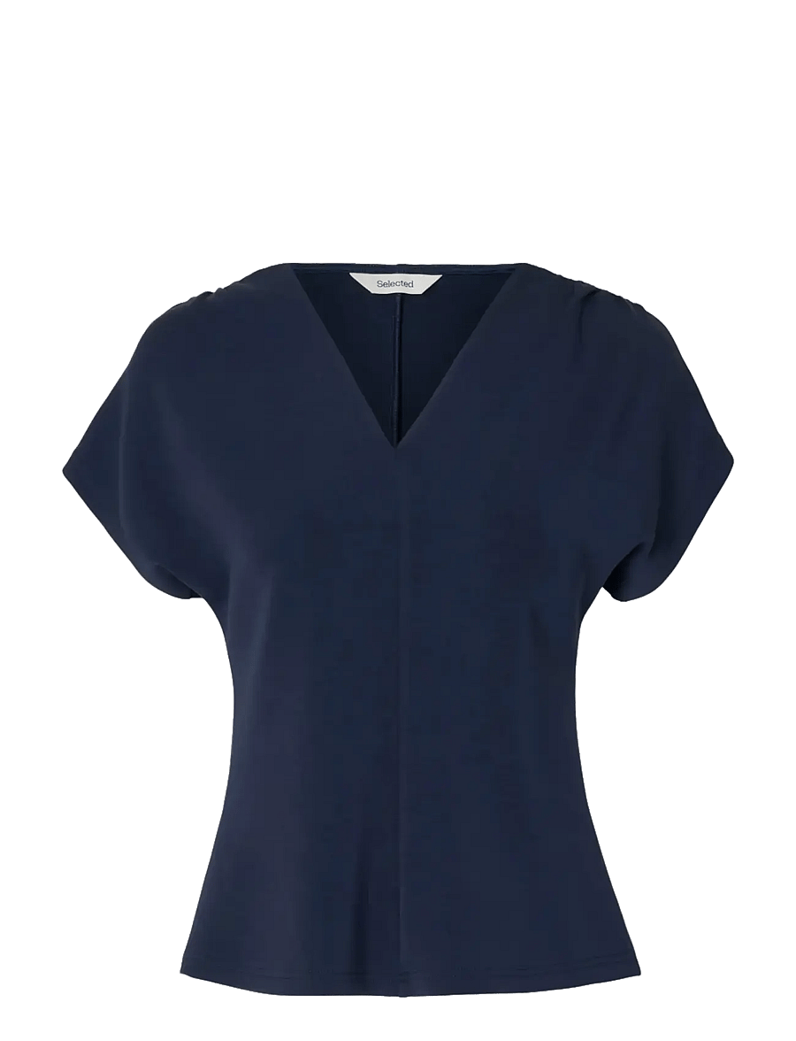 Selected - SLFTENNY SS V-NECK GATHERED TOP NOOS - t-shirts - dark sapphire - 1