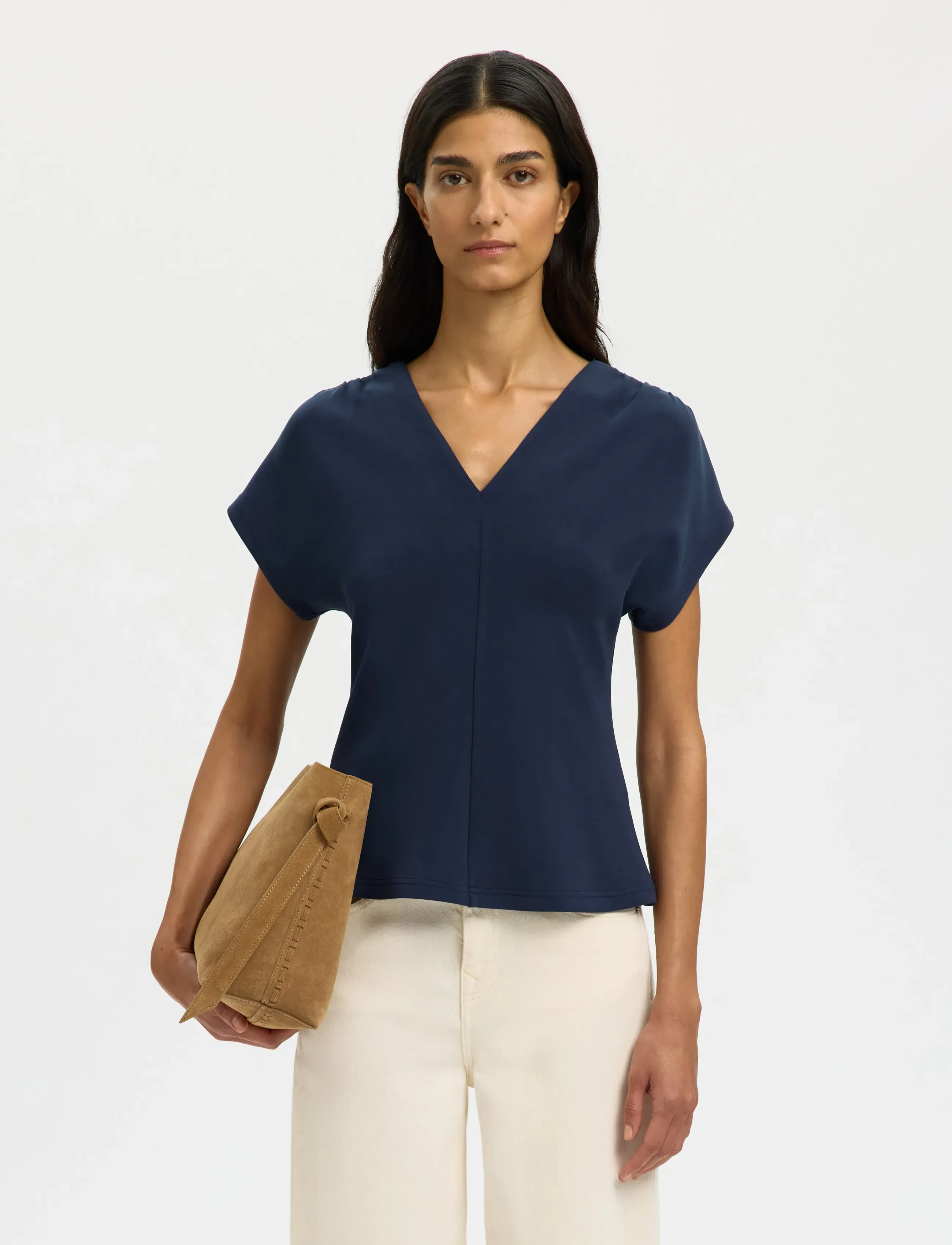 Selected SLFTENNY SS V-NECK GATHERED TOP NOOS - T-shirts & Toppar - DARK SAPPHIRE / navy