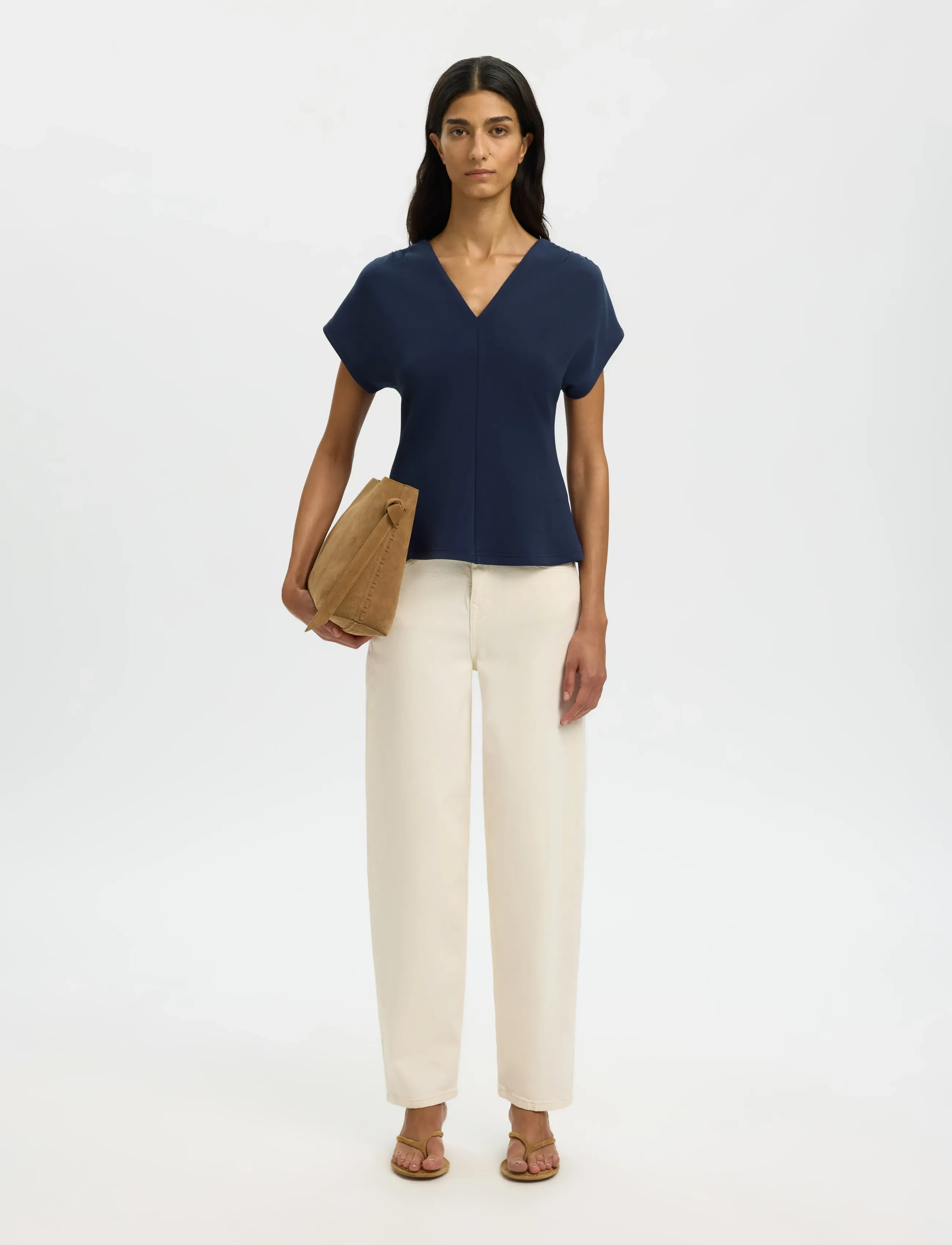 Selected - SLFTENNY SS V-NECK GATHERED TOP NOOS - t-shirts - dark sapphire - 3