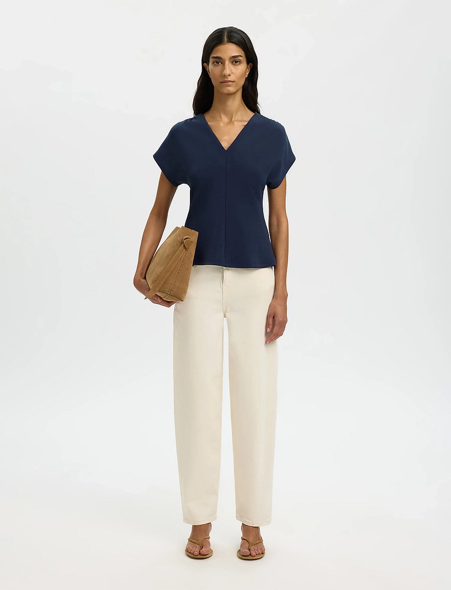 Selected - SLFTENNY SS V-NECK GATHERED TOP NOOS - t-shirts - dark sapphire - 3