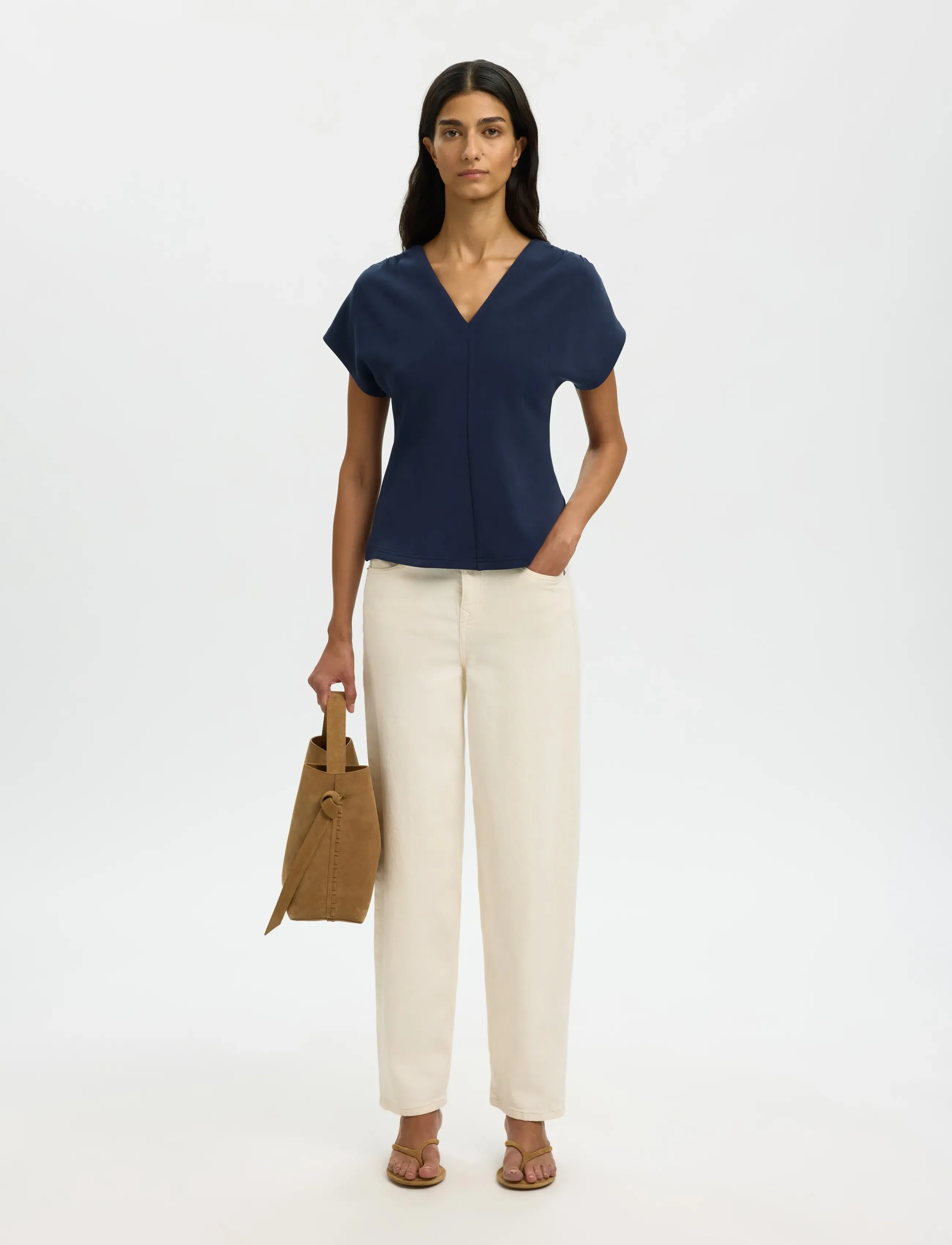 Selected - SLFTENNY SS V-NECK GATHERED TOP NOOS - t-shirts - dark sapphire - 5