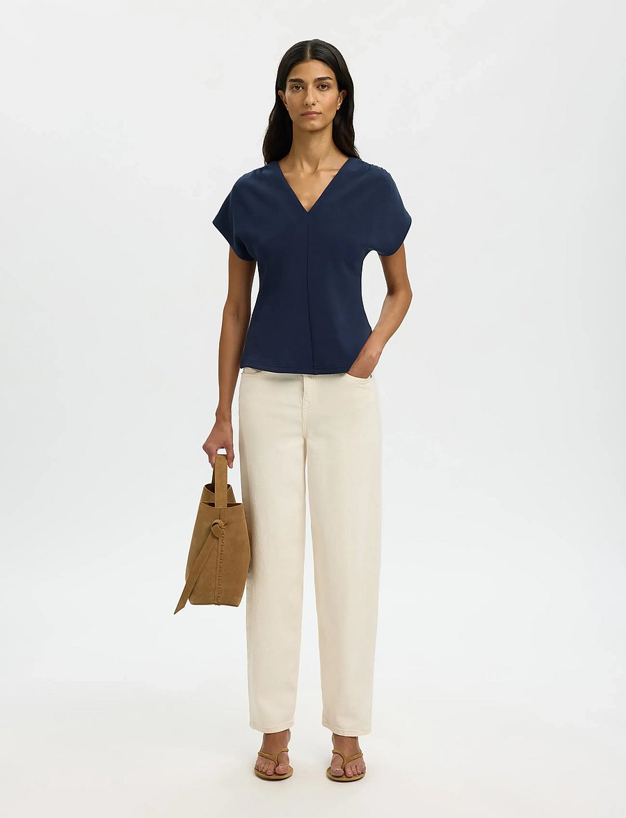 Selected - SLFTENNY SS V-NECK GATHERED TOP NOOS - t-shirts - dark sapphire - 5