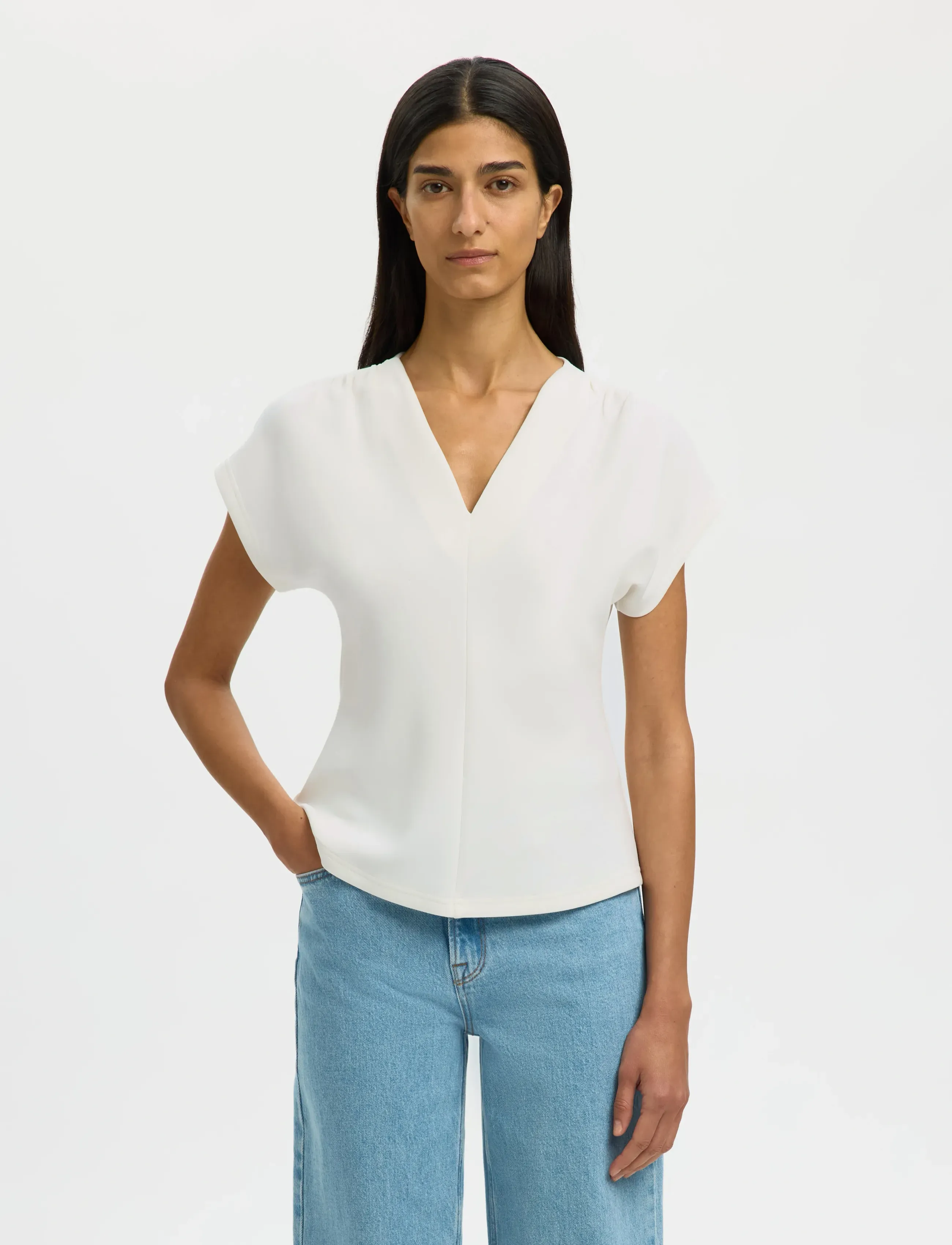 Selected SLWTENNY SS V-NECK GATHERED TOP NOOS - T-Shirts & Tops - SNOW WHITE / white