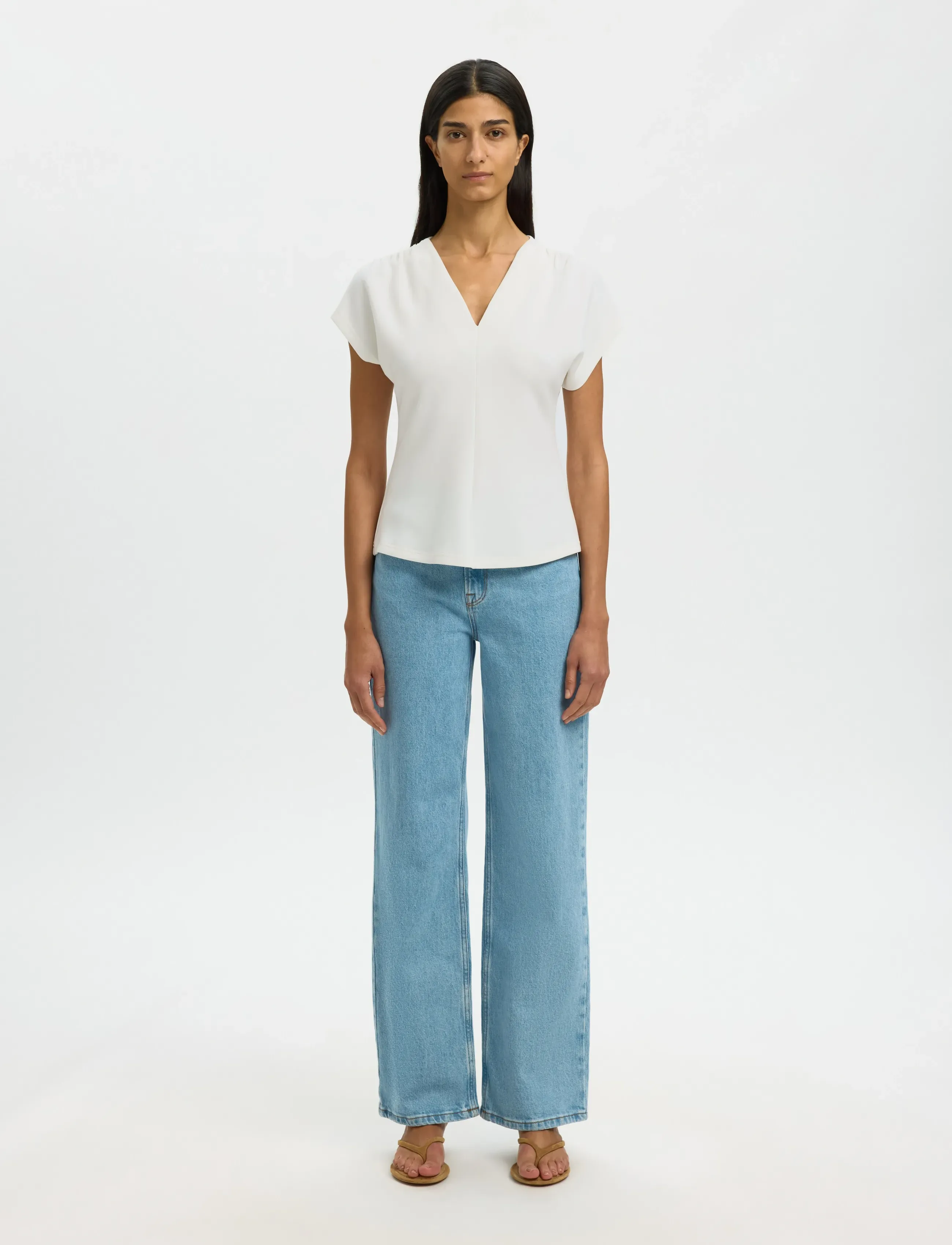 Selected - SLFTENNY SS V-NECK GATHERED TOP NOOS - t-shirts - snow white - 3