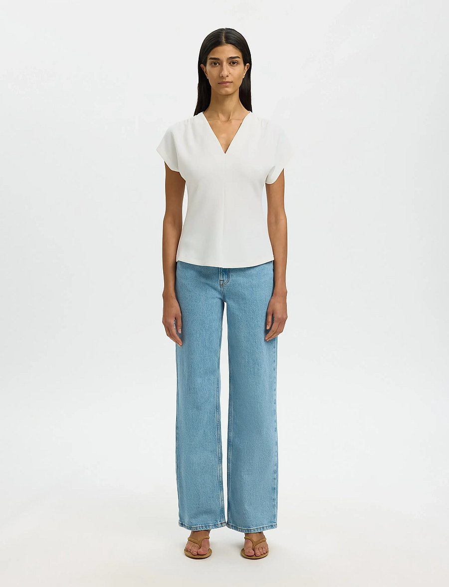 Selected - SLFTENNY SS V-NECK GATHERED TOP NOOS - t-shirts - snow white - 3