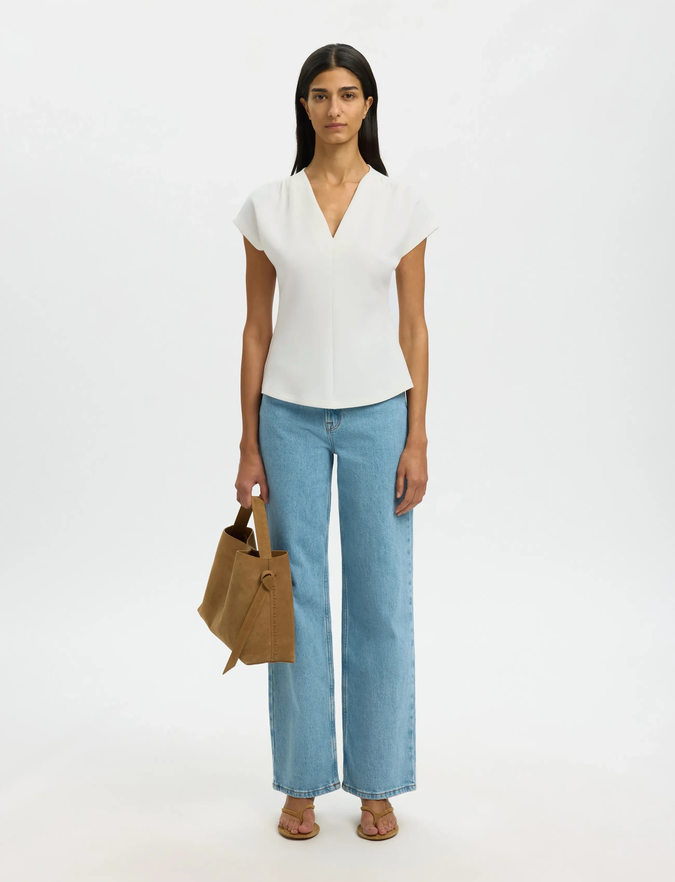 Selected - SLFTENNY SS V-NECK GATHERED TOP NOOS - t-shirts - snow white - 5