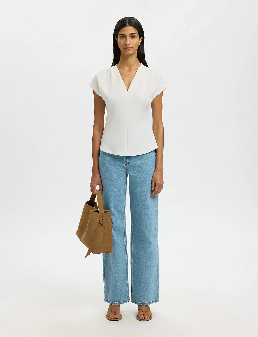 Selected - SLFTENNY SS V-NECK GATHERED TOP NOOS - t-shirts - snow white - 5