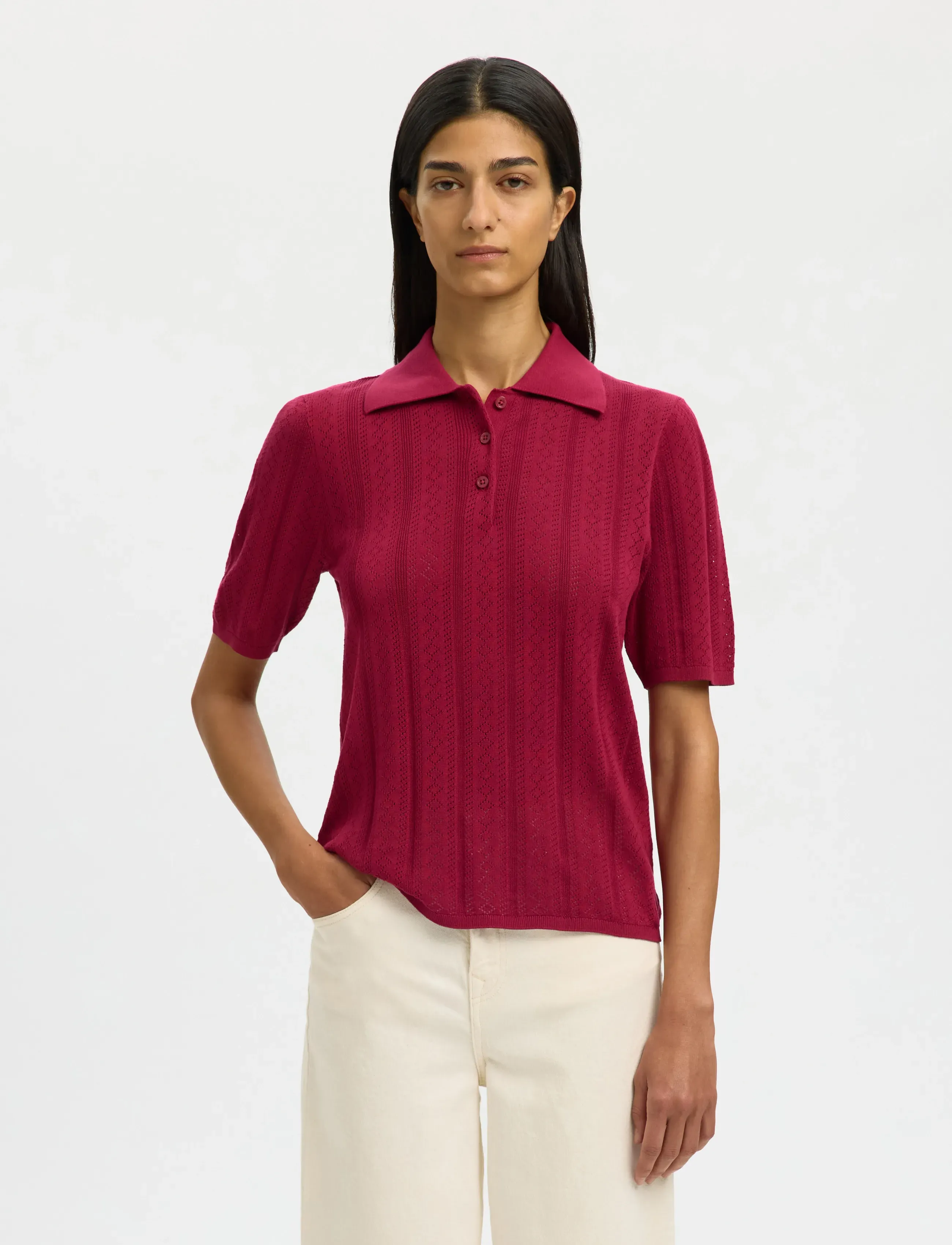 Selected SLFTOLEDO STRUCTURE 2/4 KNIT POLO NECK - T-Shirts & Tops - ANEMONE / burgundy