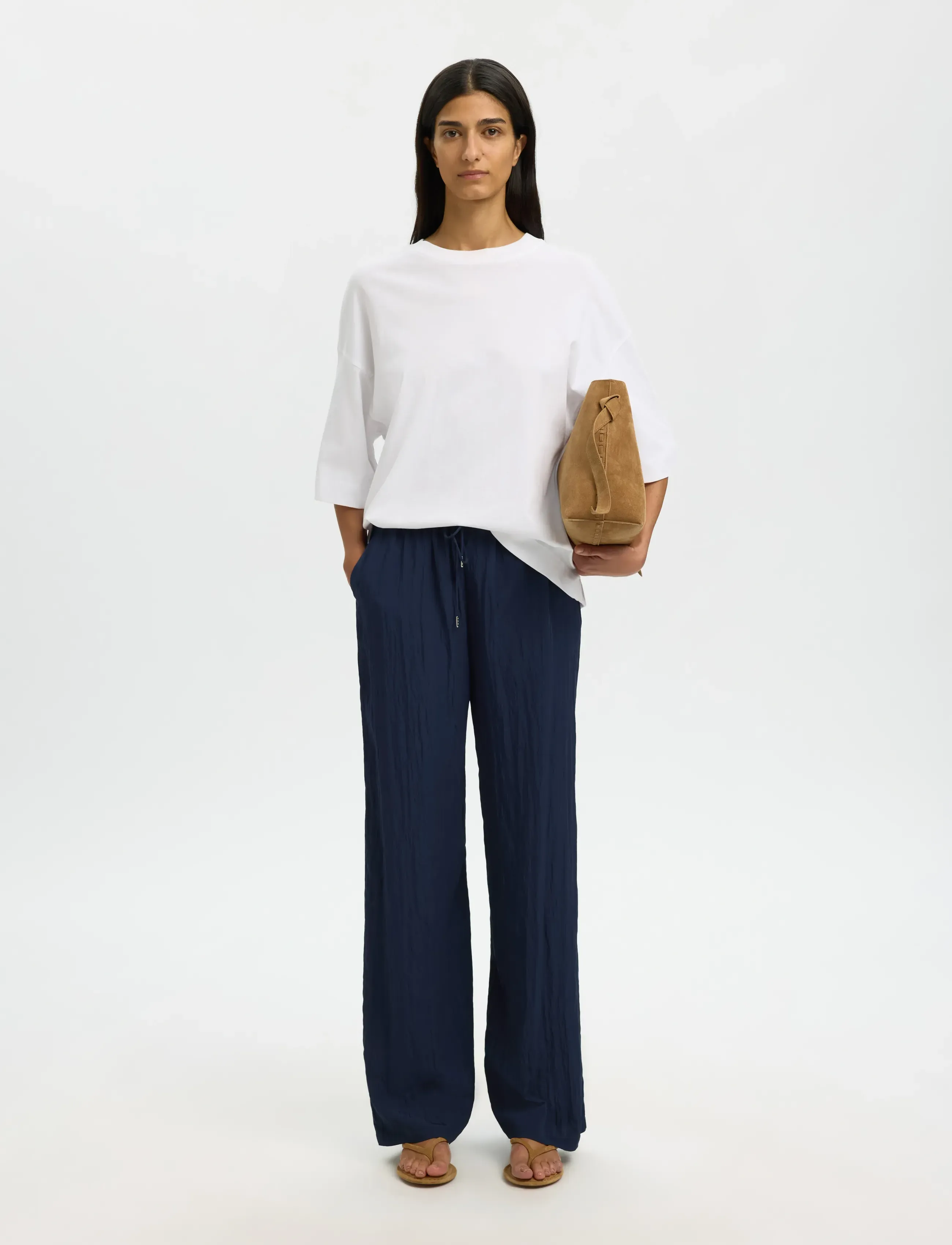 Selected - SLFIONA HW WIDE STRING PANT B - wide leg trousers - dark sapphire - 3