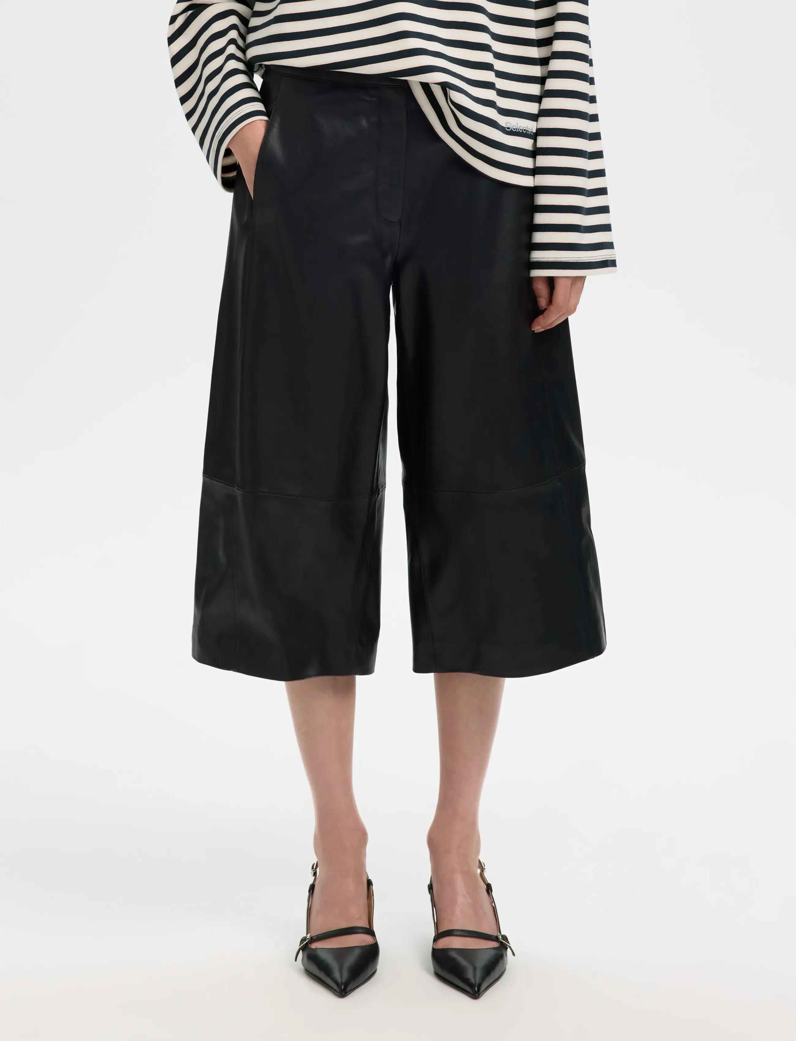 Selected Slfgigi Hw Leather Culottes, Kvinder, Højtaljede Læder Culottes, Sort, Str: 40