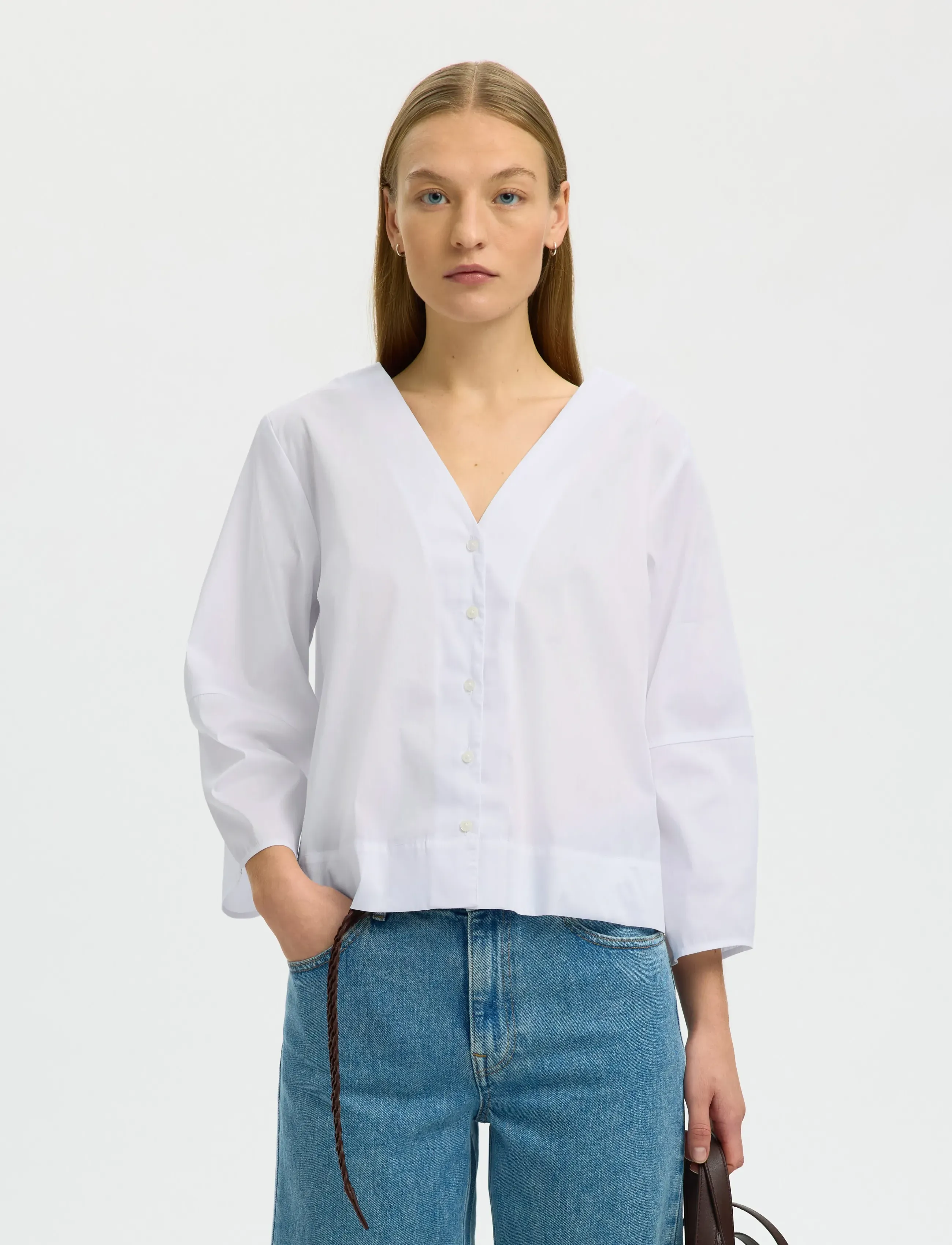 Selected Slfbea 3/4 V Neck Shirt B, 38, White, Skjorter > Langærmede, Dame