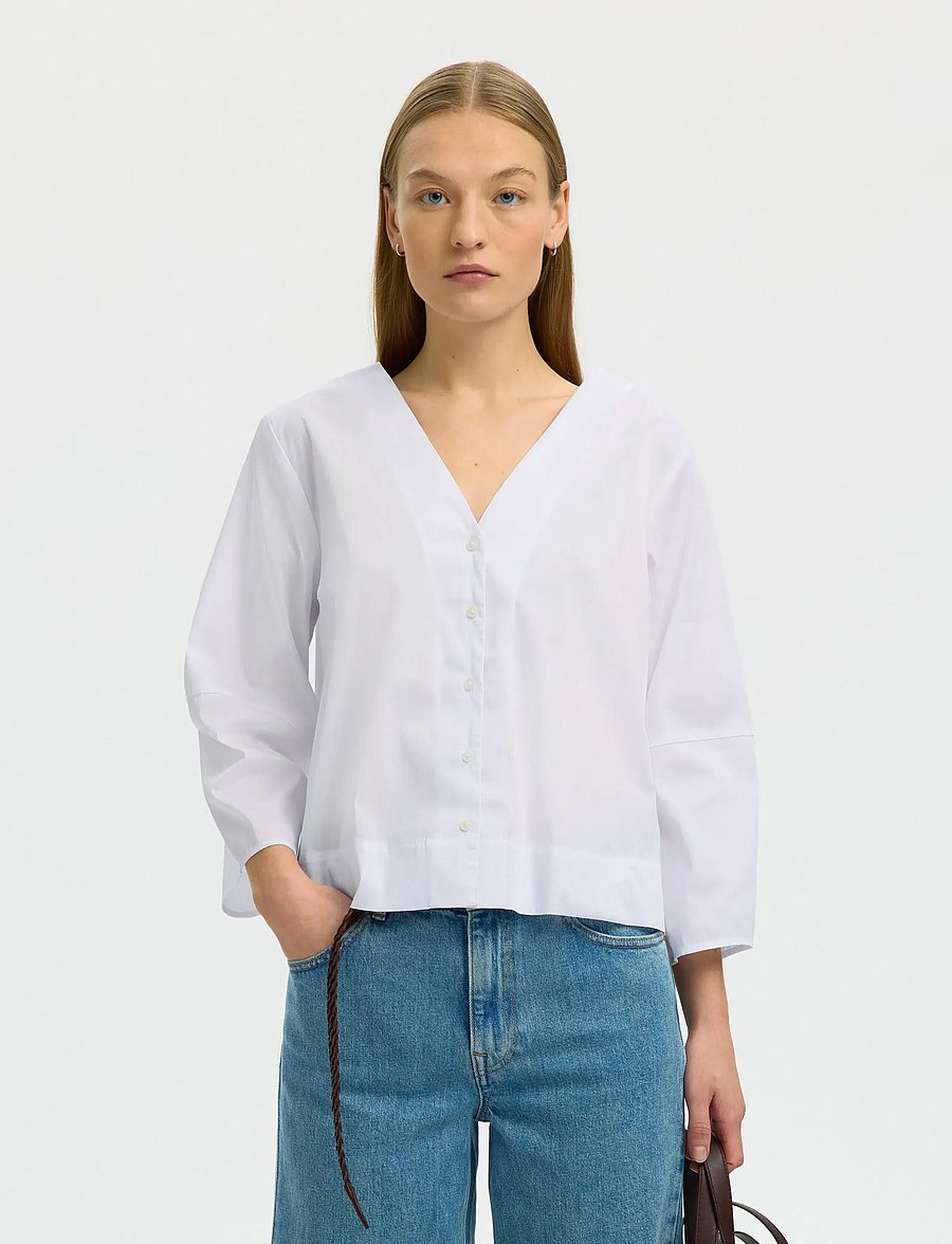 Selected - SLFBEA 3/4 V NECK SHIRT B - langärmlige hemden - bright white - 0
