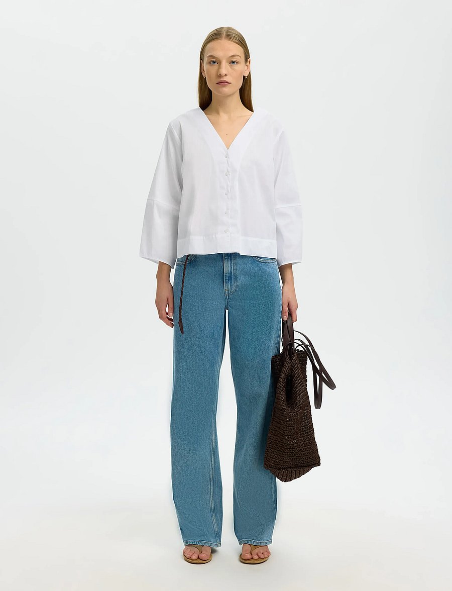 Selected - SLFBEA 3/4 V NECK SHIRT B - langärmlige hemden - bright white - 3