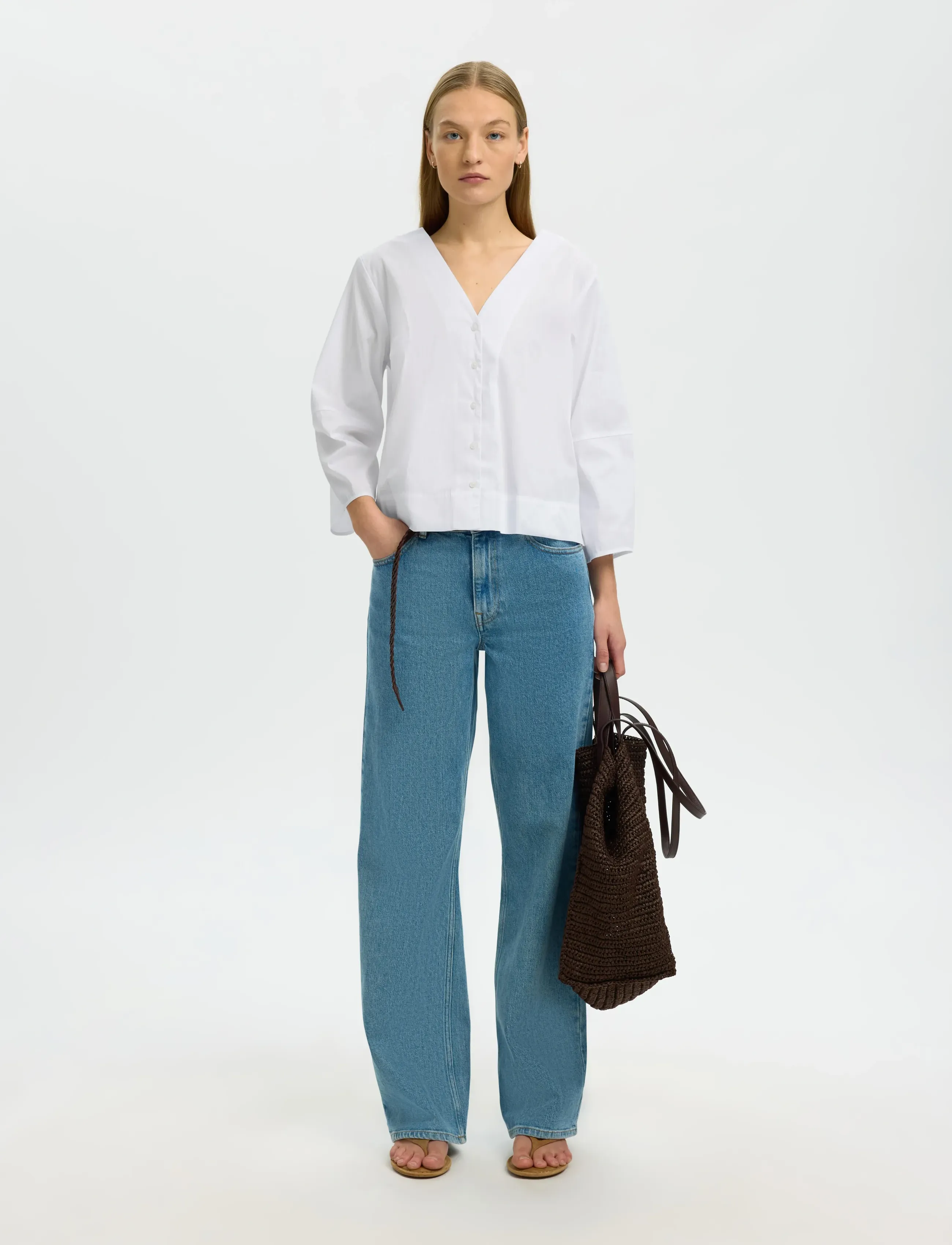 Selected - SLFBEA 3/4 V NECK SHIRT B - pikkade varrukatega särgid - bright white - 5