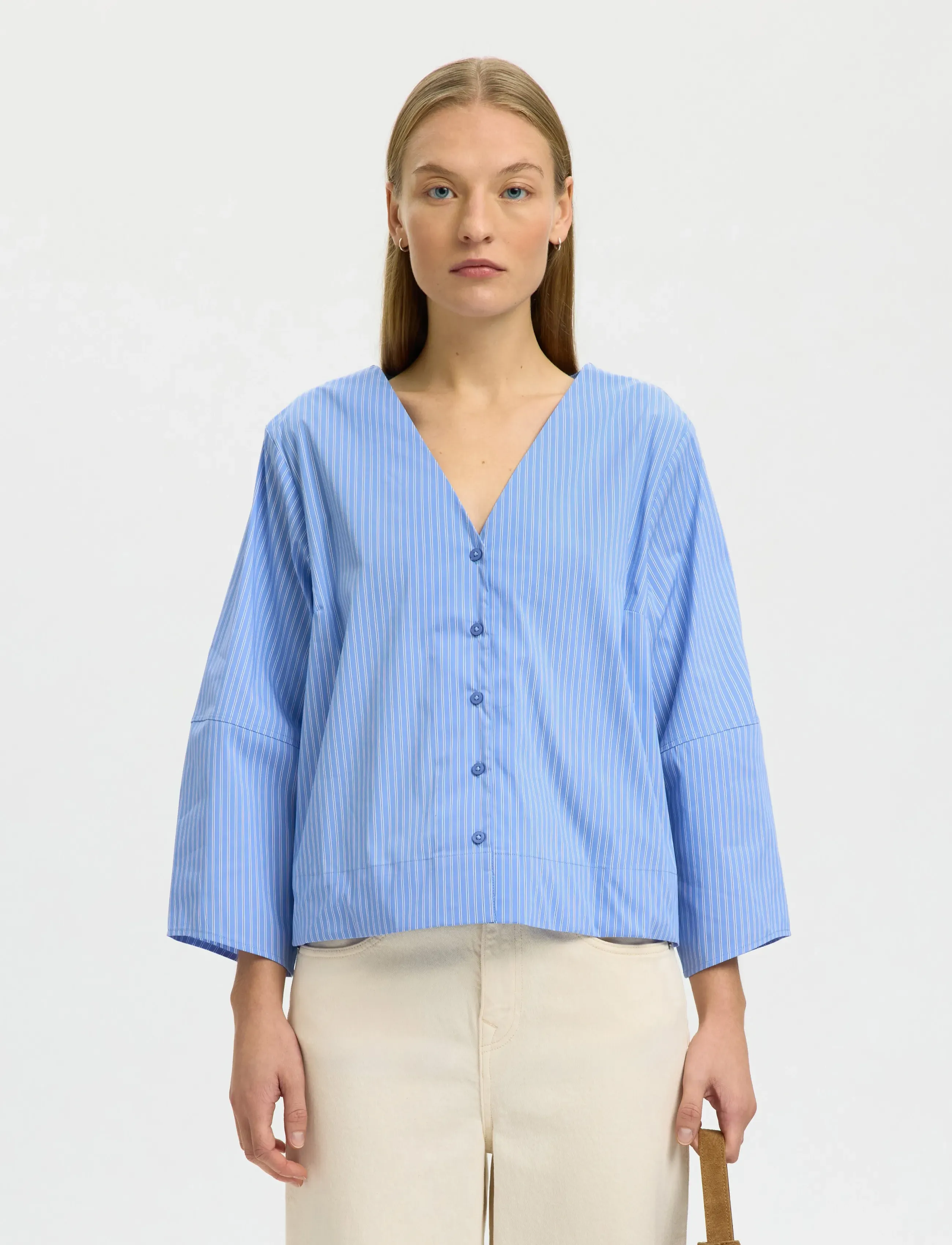 Selected Slfbea 3/4 V Neck Shirt B, 34, Blue, Skjorter > Langærmede, Dame