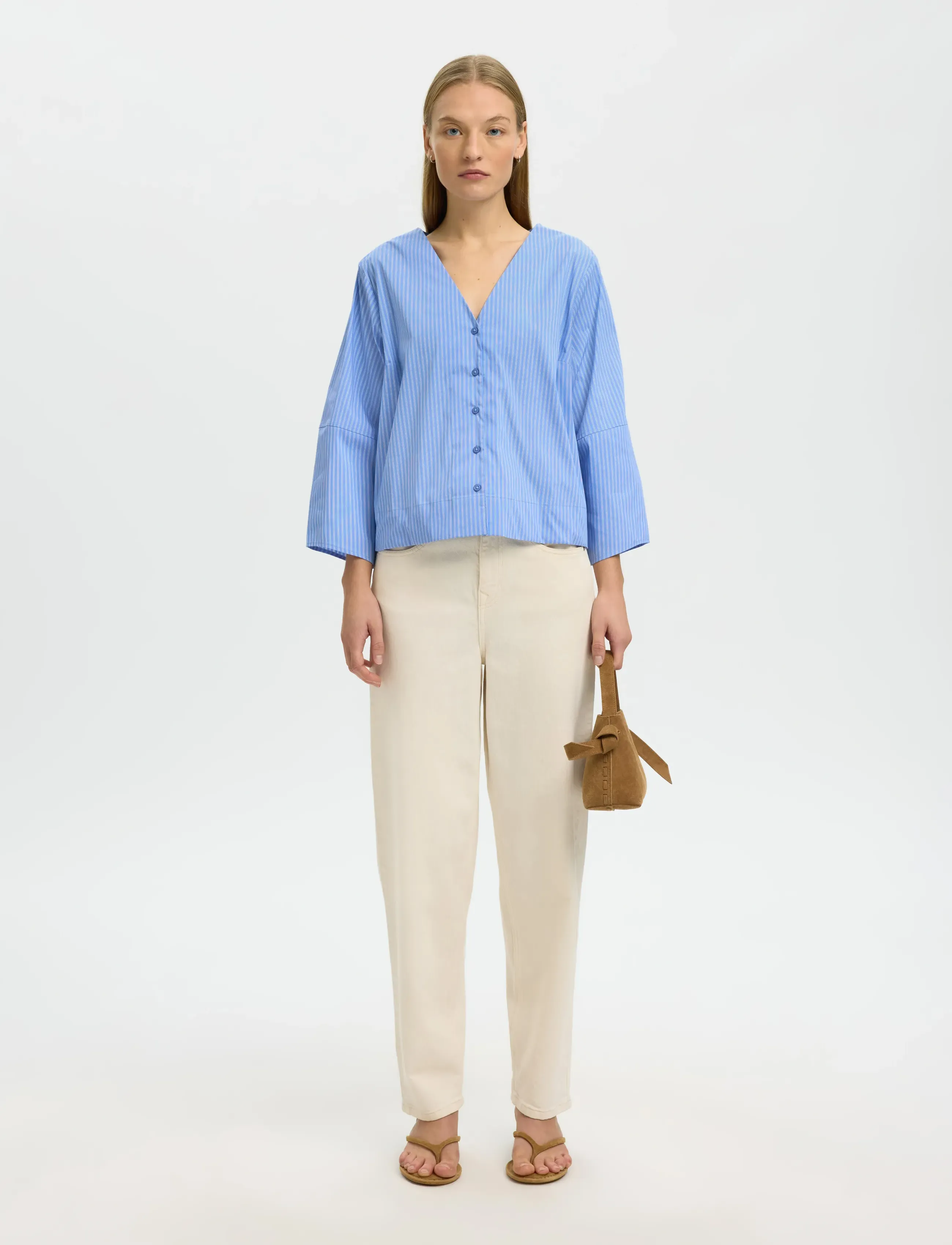 Selected - SLFBEA 3/4 V NECK SHIRT B - long-sleeved shirts - dusty blue - 3