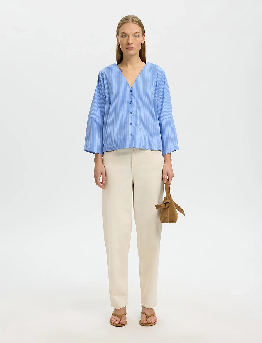 Selected - SLFBEA 3/4 V NECK SHIRT B - langærmede skjorter - dusty blue - 3