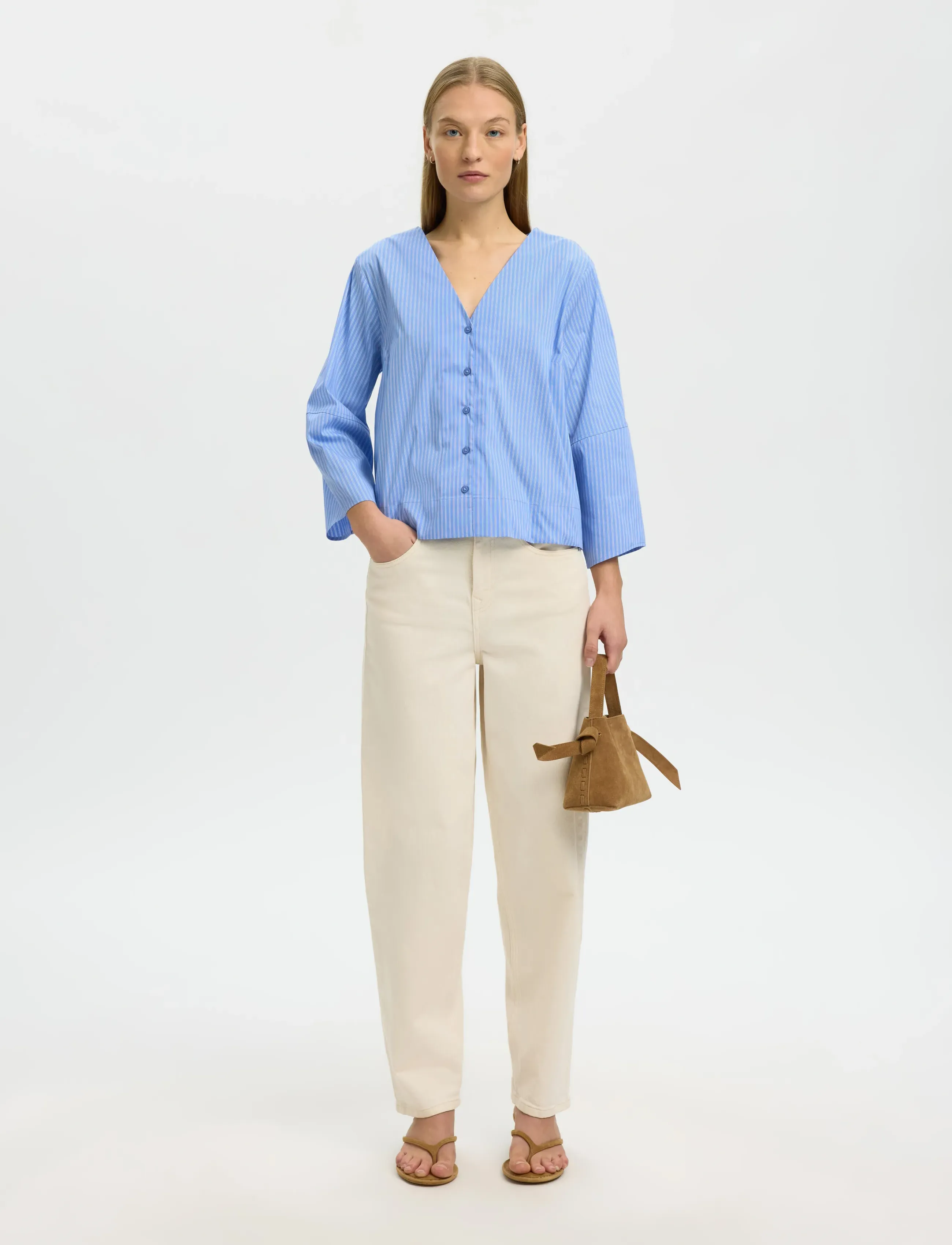 Selected - SLFBEA 3/4 V NECK SHIRT B - long-sleeved shirts - dusty blue - 5