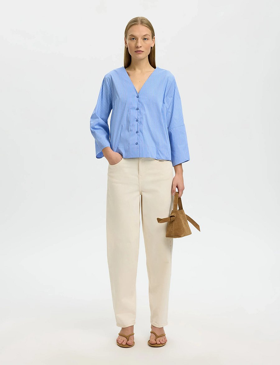 Selected - SLFBEA 3/4 V NECK SHIRT B - langærmede skjorter - dusty blue - 5