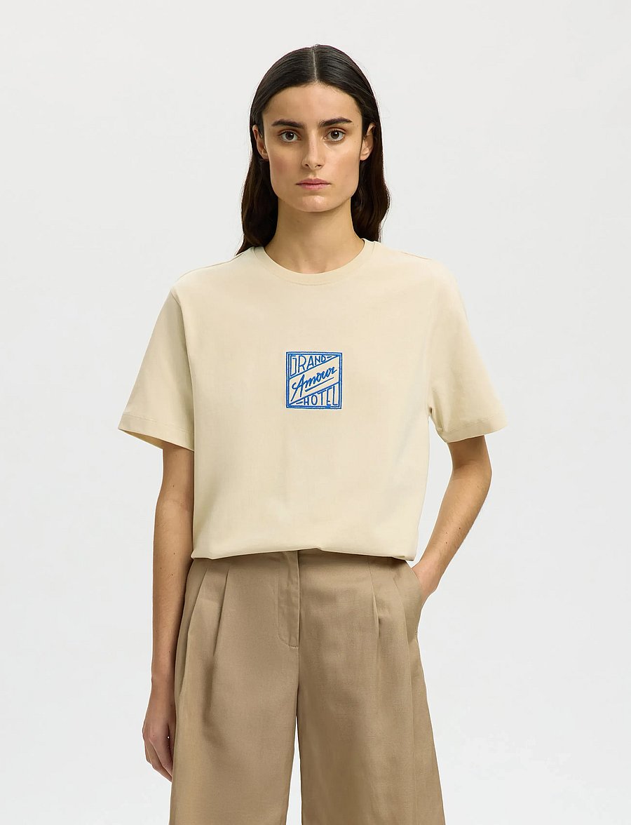 Selected - SLFRELAXED BROOK SS HOTEL AMOUR TEE - t-särgid - angora - 0