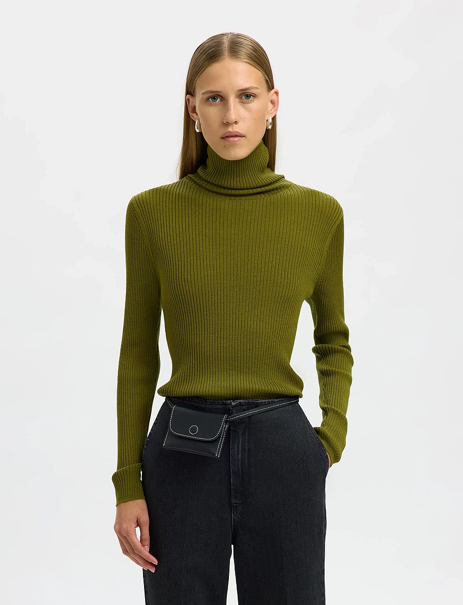 Selected - SLFTHEA LS MERINO WOOL KNIT ROLL NECK - rullekraver - avocado - 0