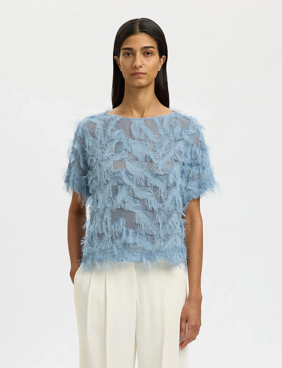 Selected - SLFMYLINE SS BOAT NECK TOP B - kurzärmelige blusen - dusty blue - 0
