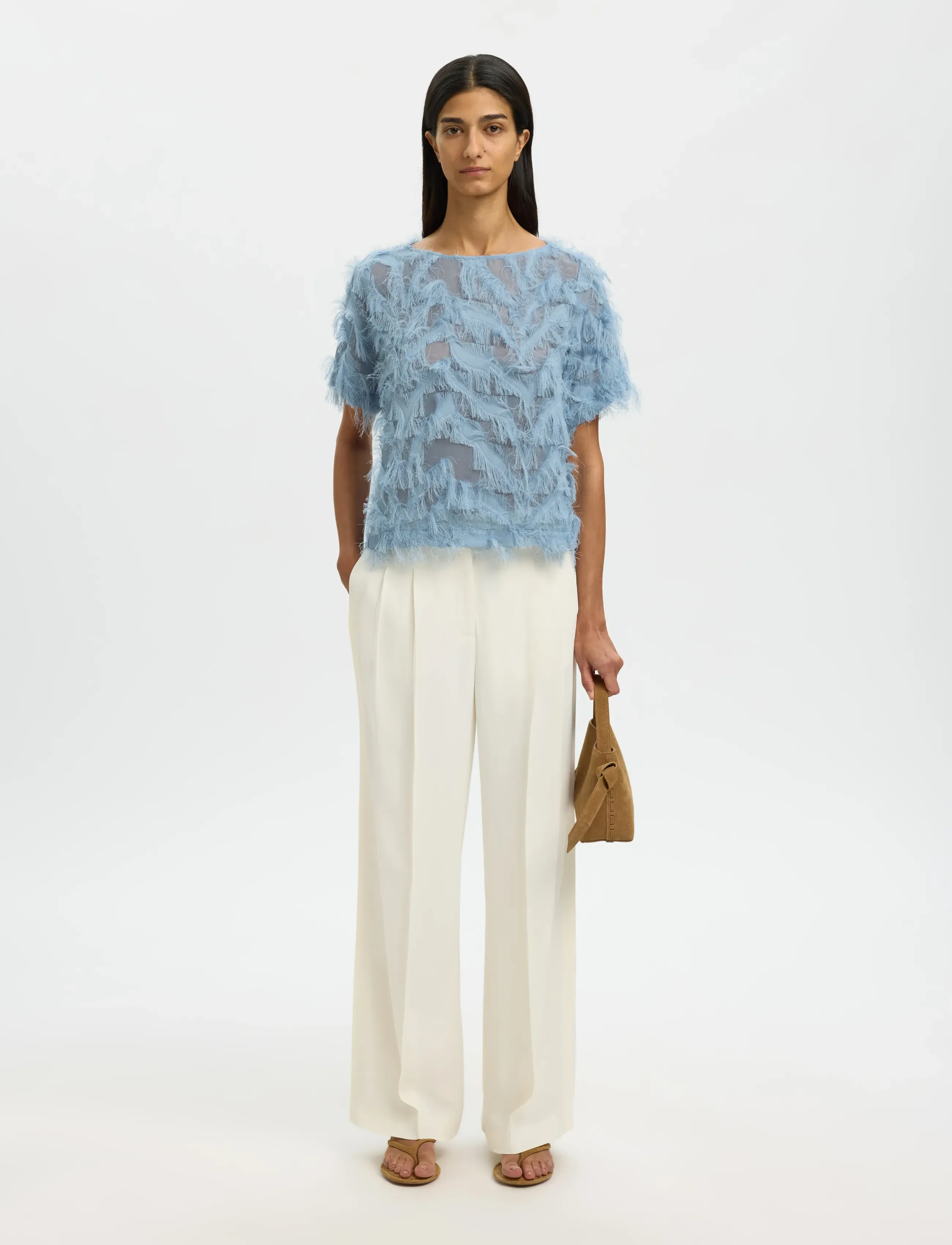 Selected - SLFMYLINE SS BOAT NECK TOP B - kortærmede bluser - dusty blue - 4