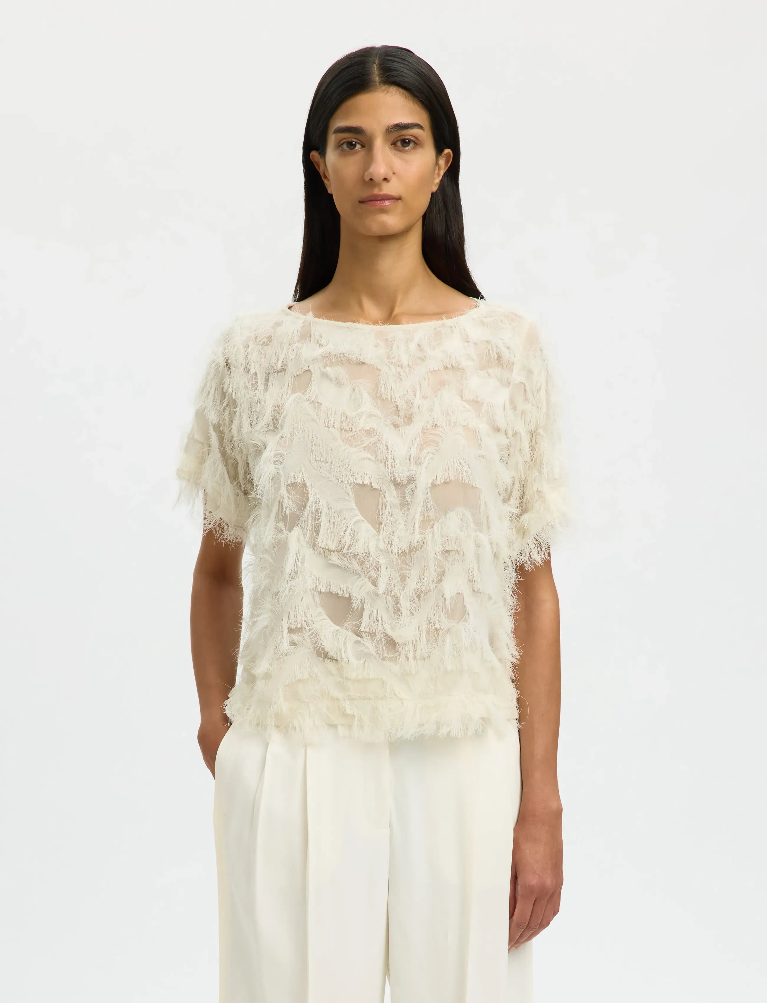 Selected Slfmyline Ss Boat Neck Top B, 34, Blouses, Creme - Short-sleeved, Frauen