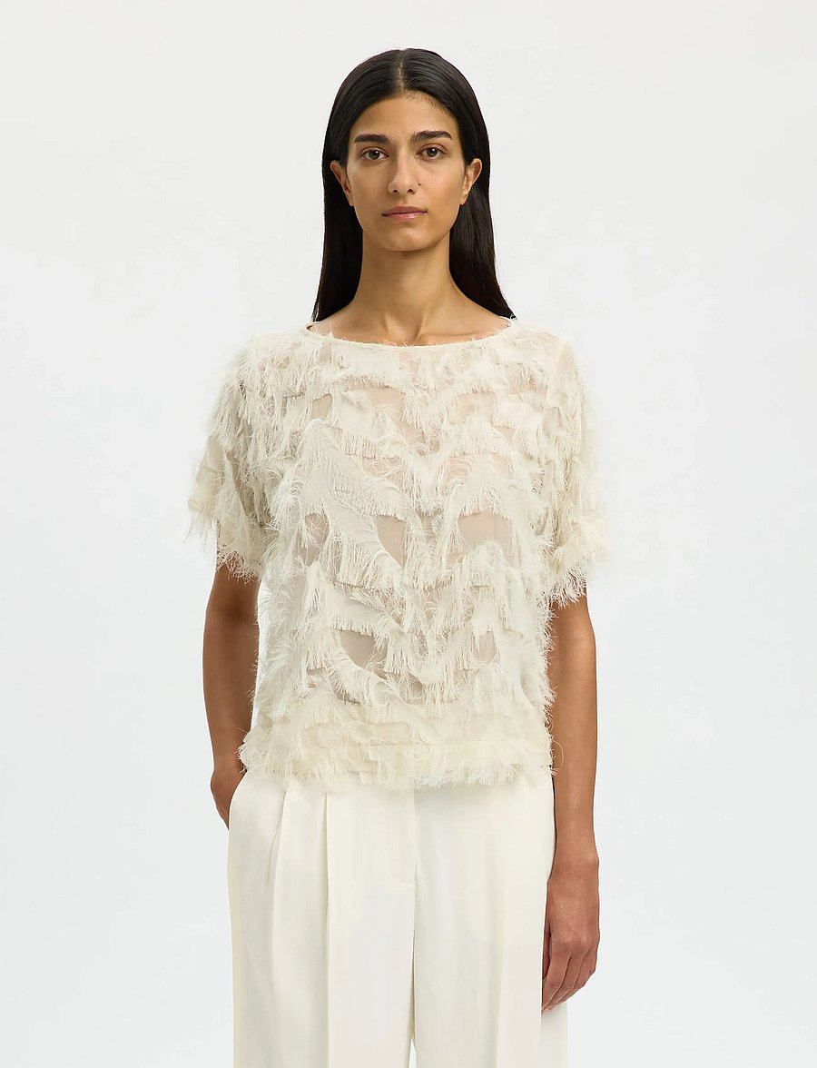 Selected - SLFMYLINE SS BOAT NECK TOP B - kortärmade blusar - egret - 0